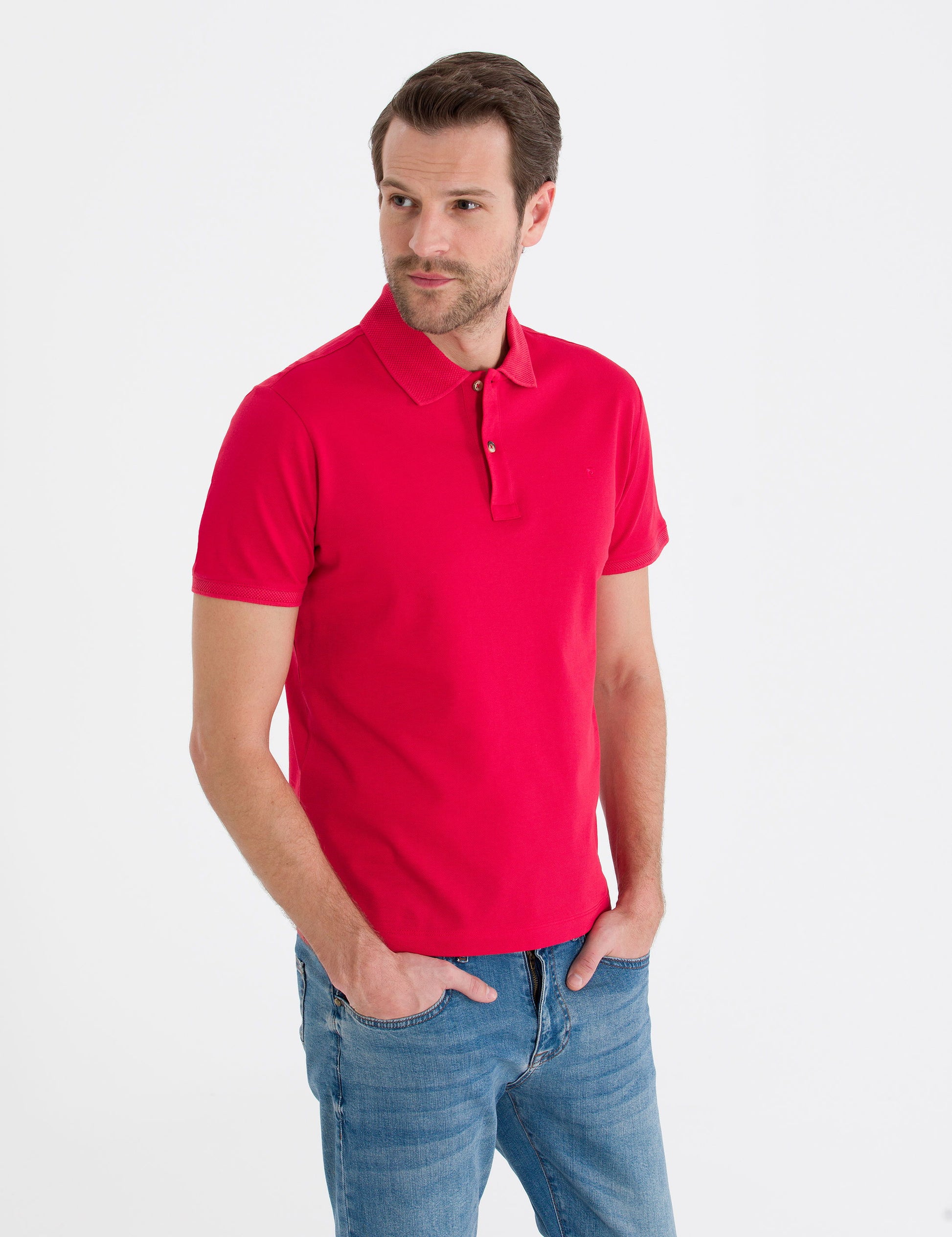 Red Slim Fit Polo Neck Mercerized T-Shirt