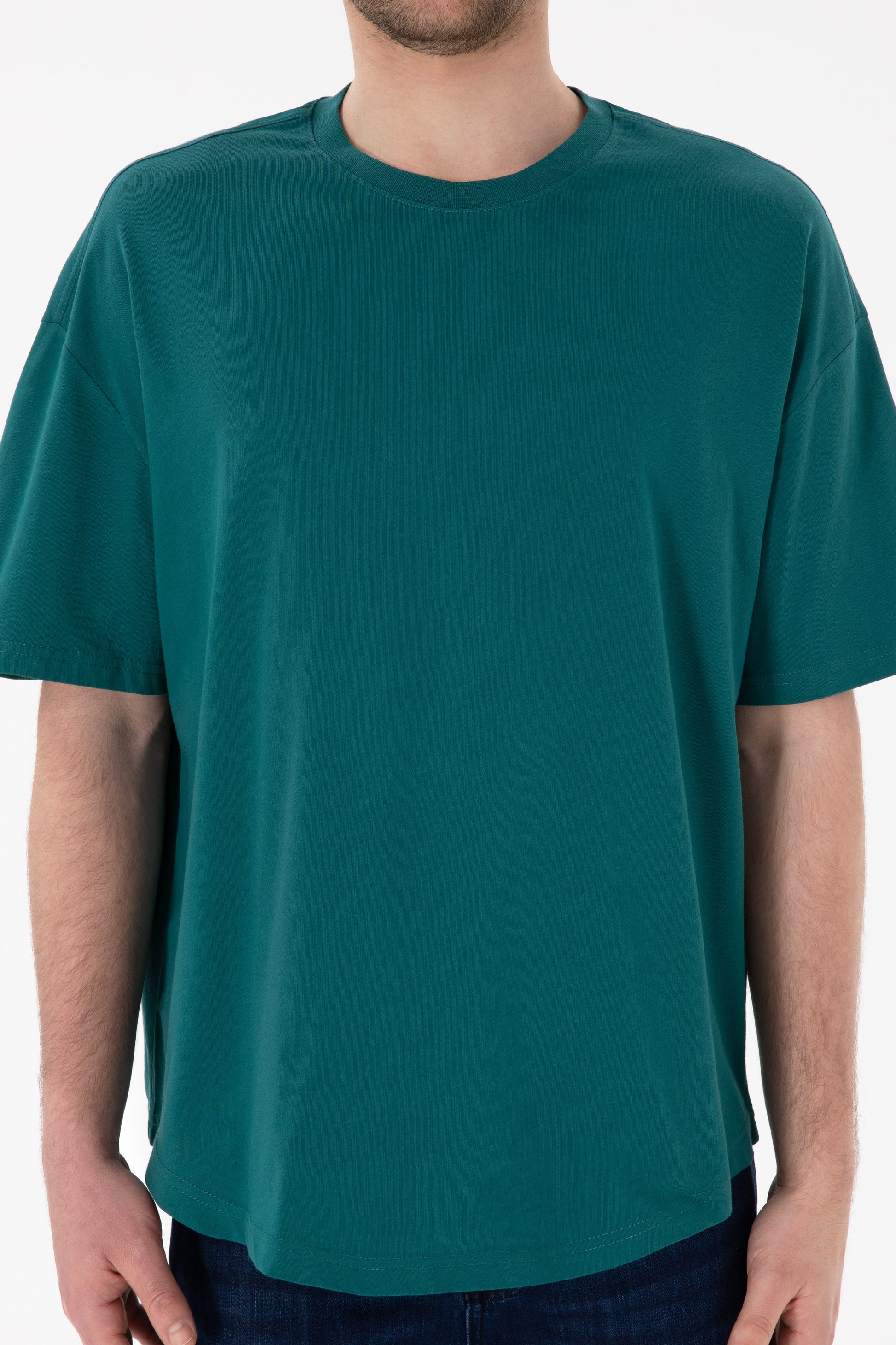 Men's Long Fit Crew Neck Dark Green Basic T-Shirt