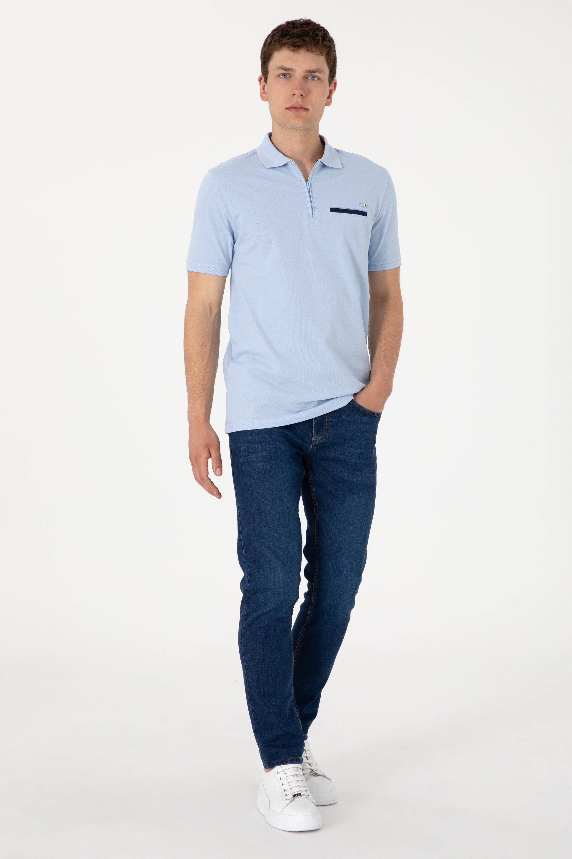 Men's Regular Fit Zipper Light Blue T-Shirt
