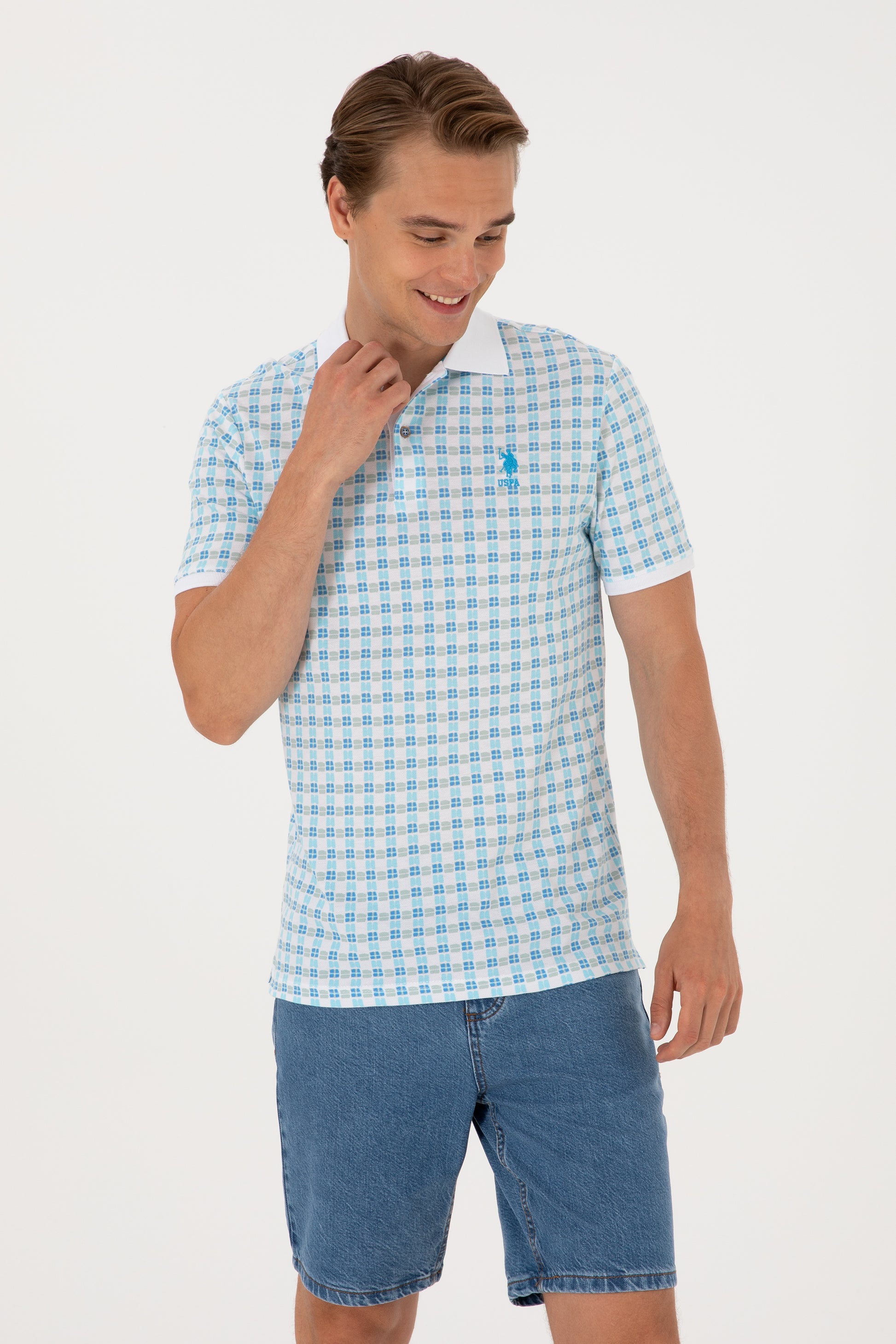 Men's Regular Fit Polo Neck Turquoise Patterned T-Shirt