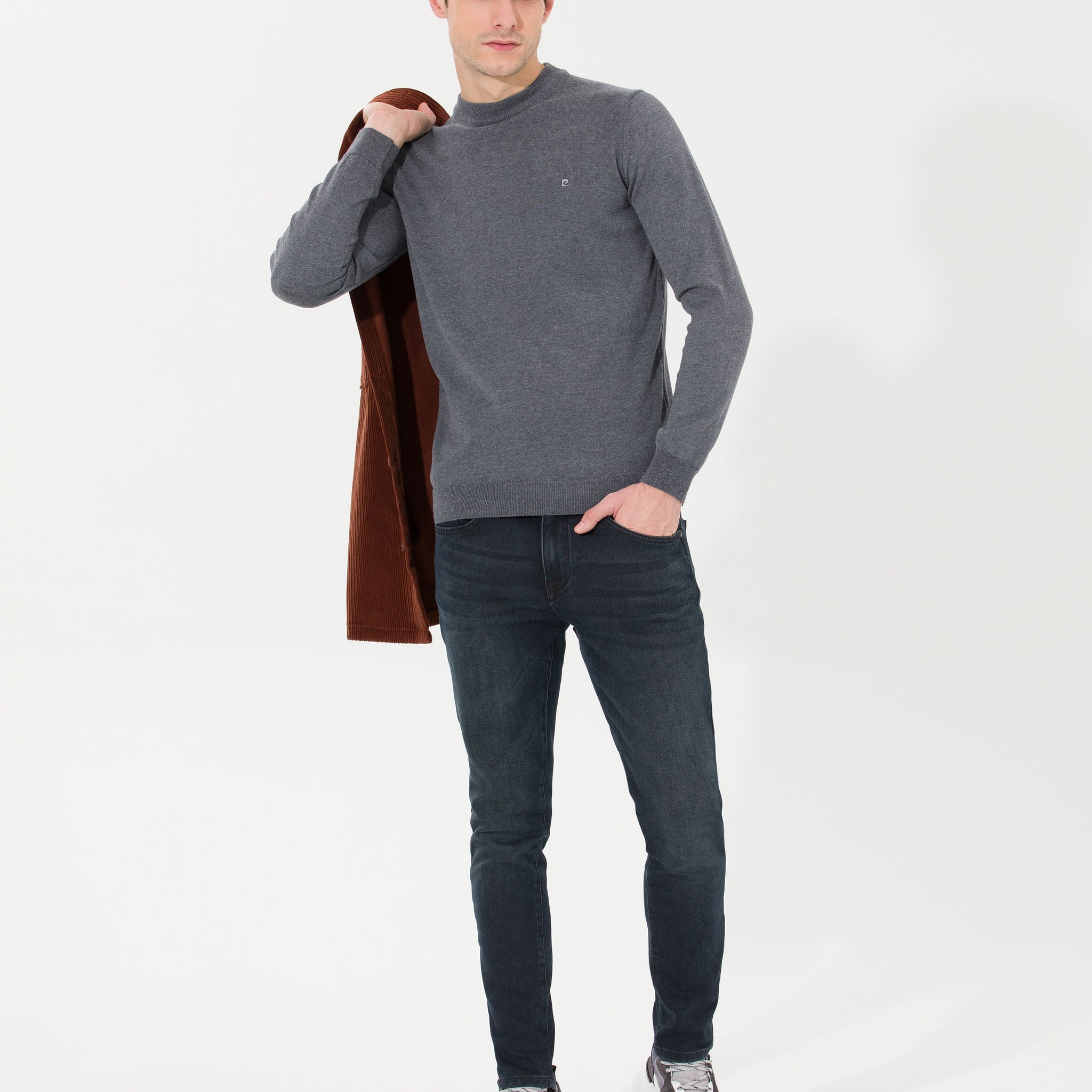 Anthracite Melange Slim Fit Quarter Neck Basic Knitwear Sweater