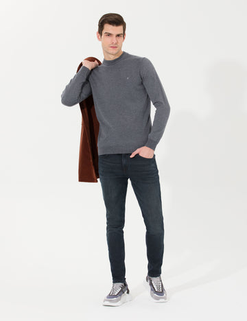 Anthracite Melange Slim Fit Quarter Neck Basic Knitwear Sweater