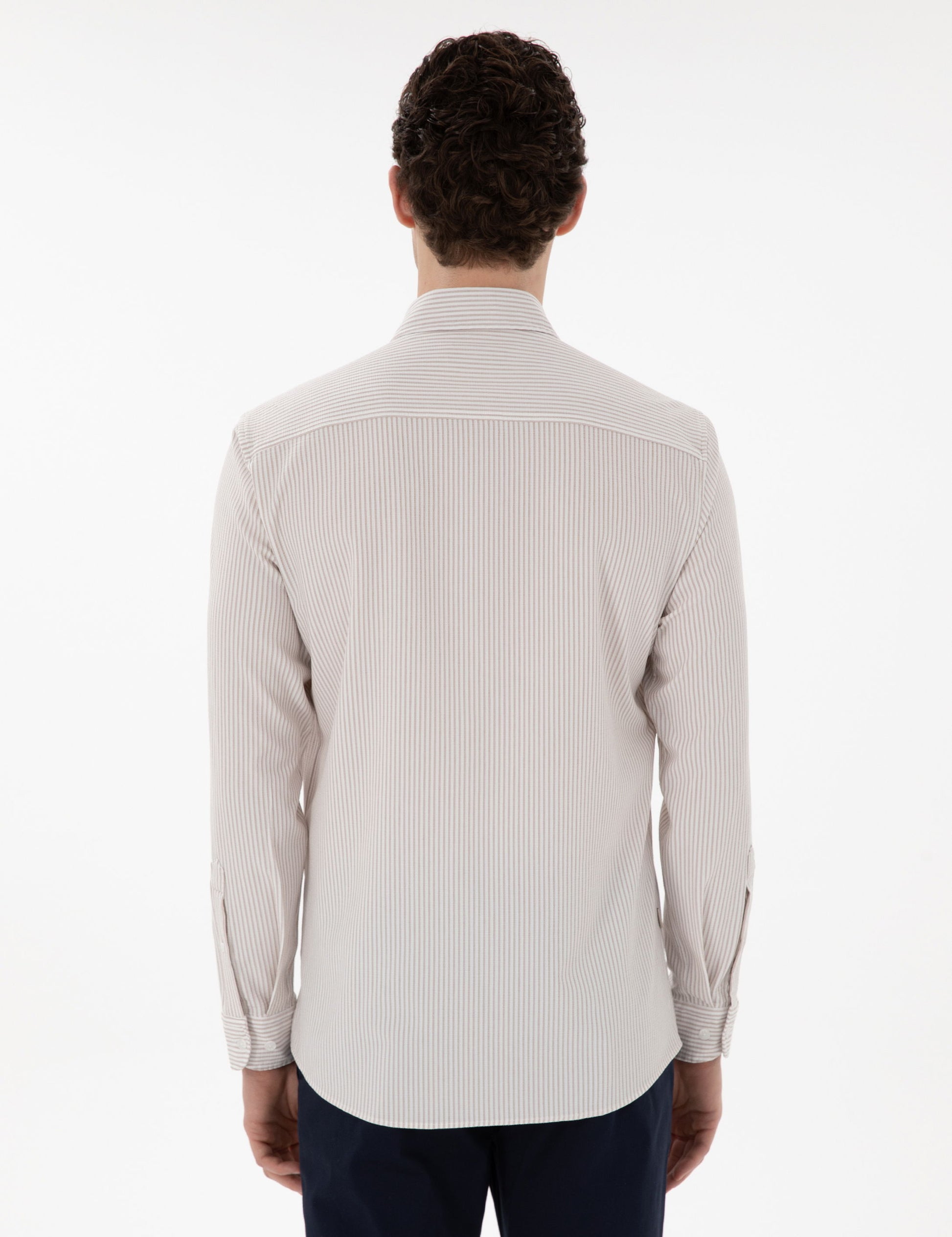 Beige Slim Fit Striped Long Sleeve Shirt