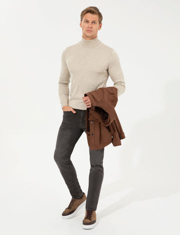 Sand Melange Slim Fit Turtleneck Basic Knitwear Sweater