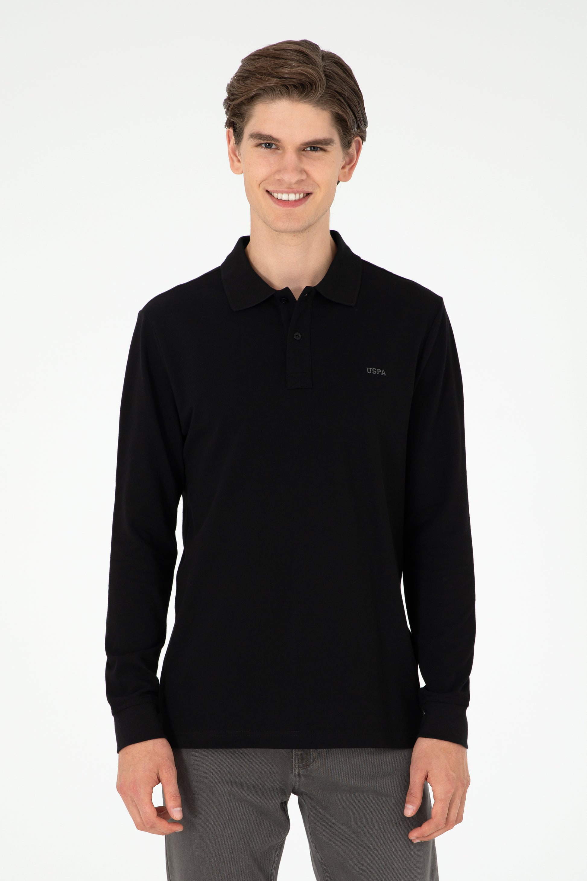 Men's Regular Fit Polo Neck Black Basic Sweatshirt