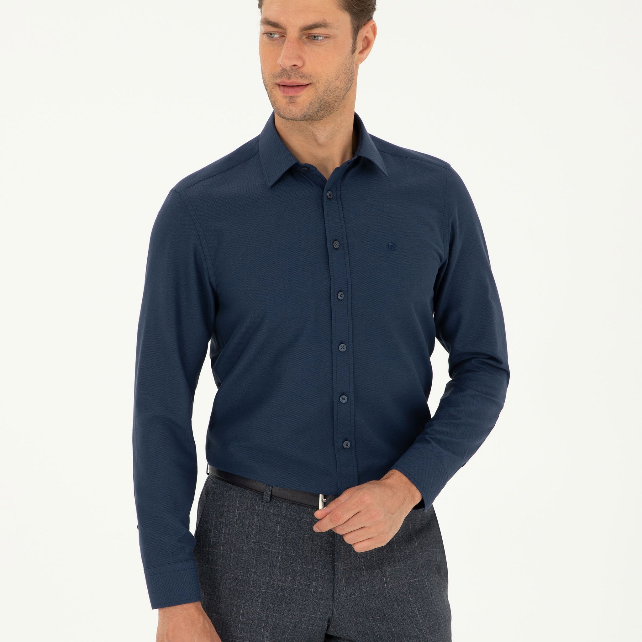 Navy Blue Slim Fit Chunky Long Sleeve Shirt