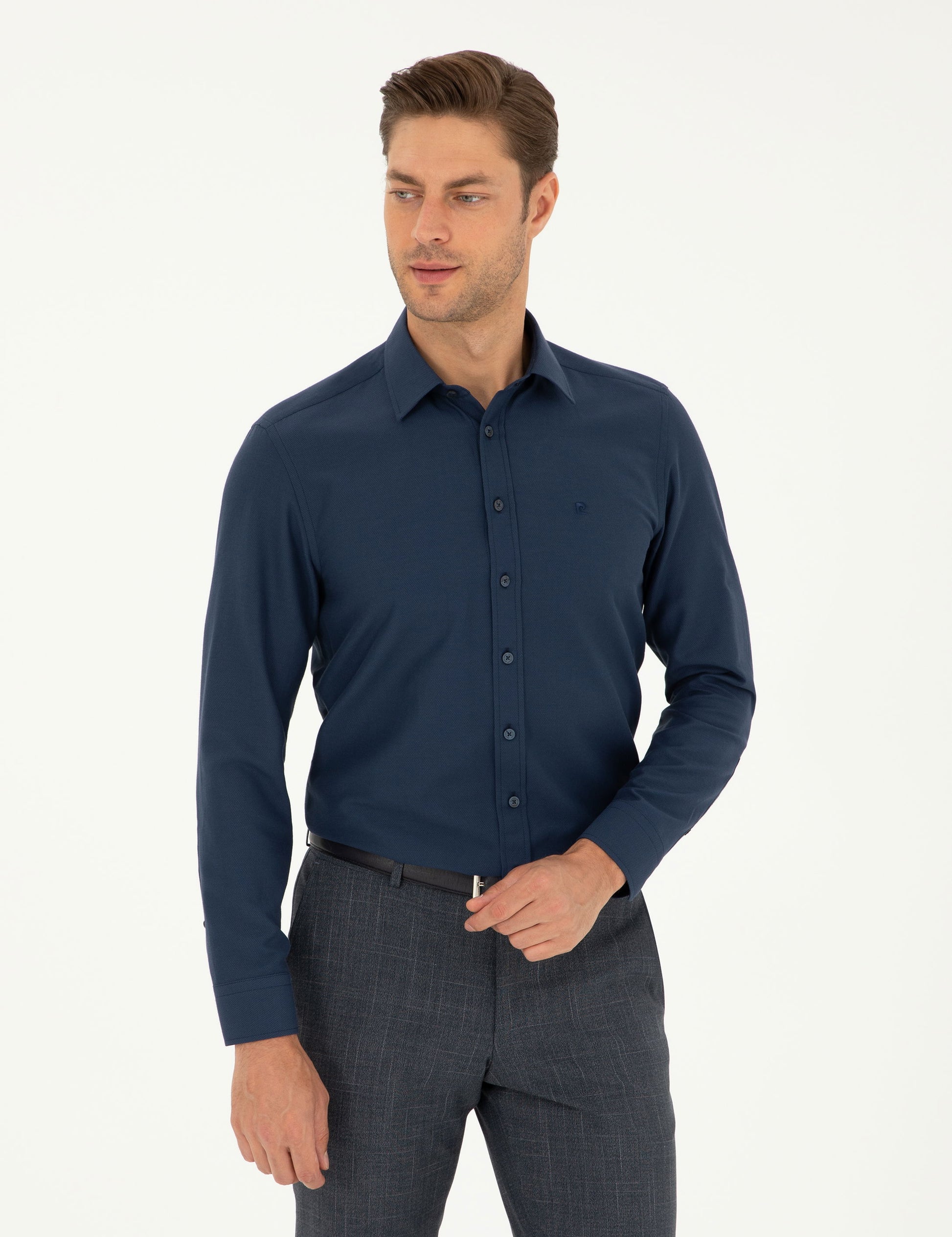 Navy Blue Slim Fit Chunky Long Sleeve Shirt