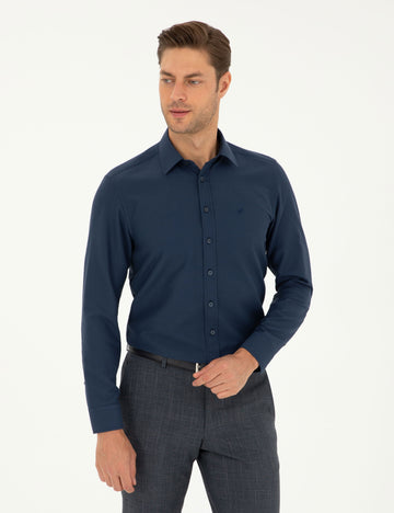 Navy Blue Slim Fit Chunky Long Sleeve Shirt