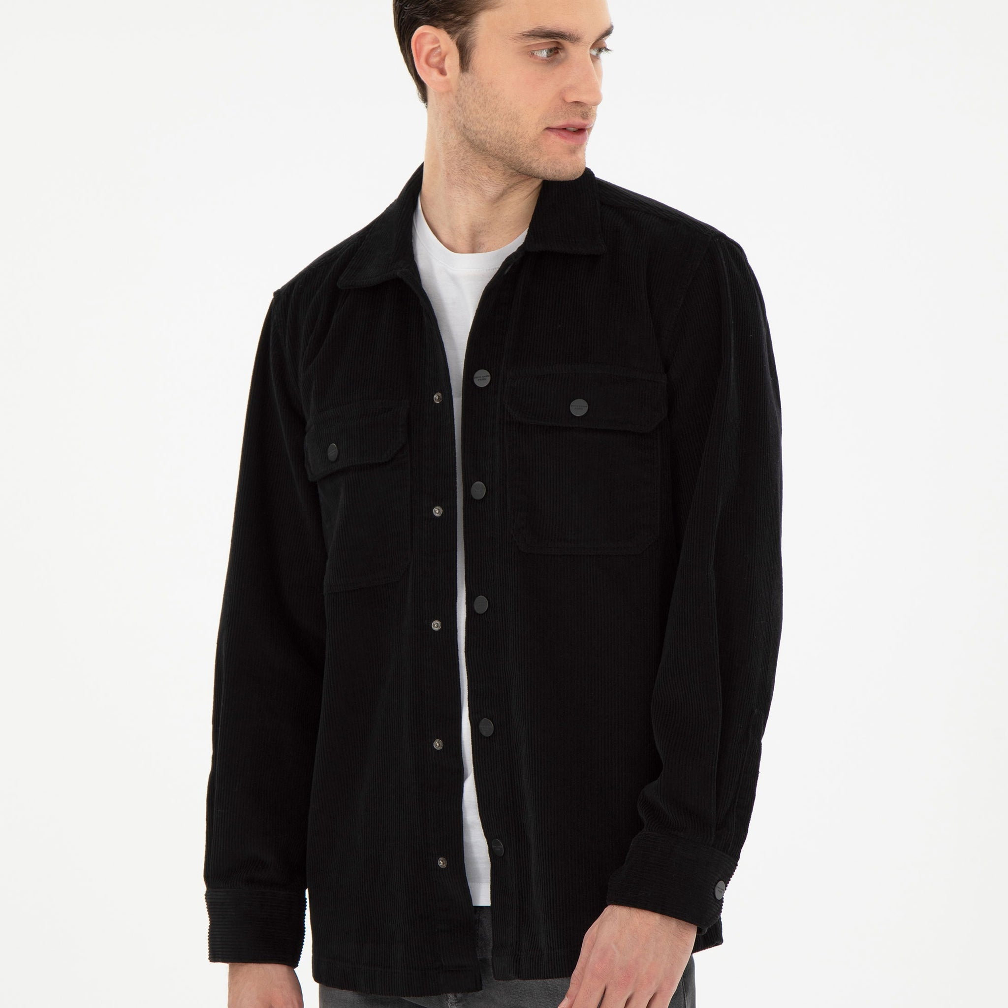 Siyah Klasik Yaka ��ift Cepli Oversize G��mlek Ceket