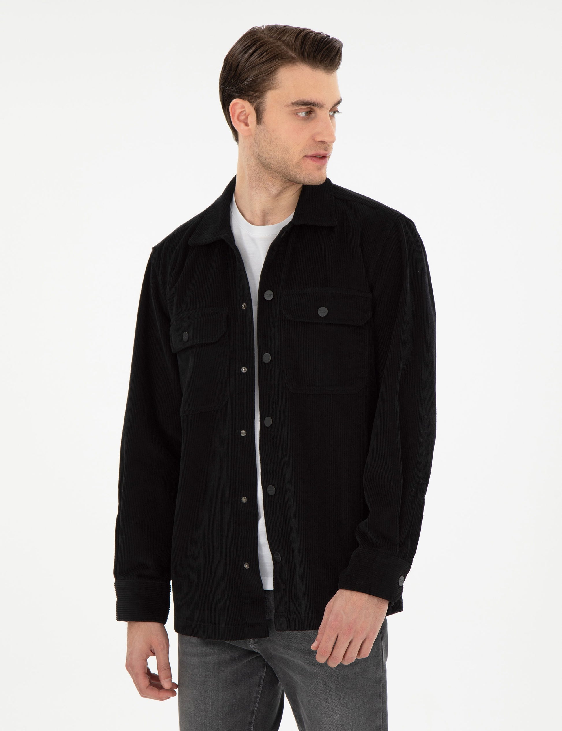 Siyah Klasik Yaka ��ift Cepli Oversize G��mlek Ceket