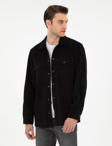 Siyah Klasik Yaka ��ift Cepli Oversize G��mlek Ceket