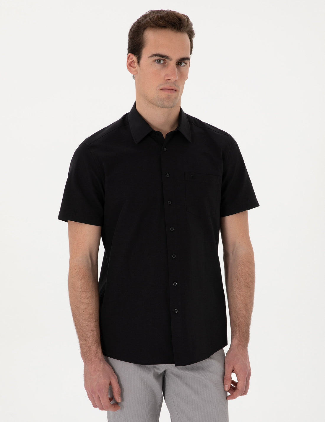 Black Basic Regular Fit Short Sleeve Pocket Shirt