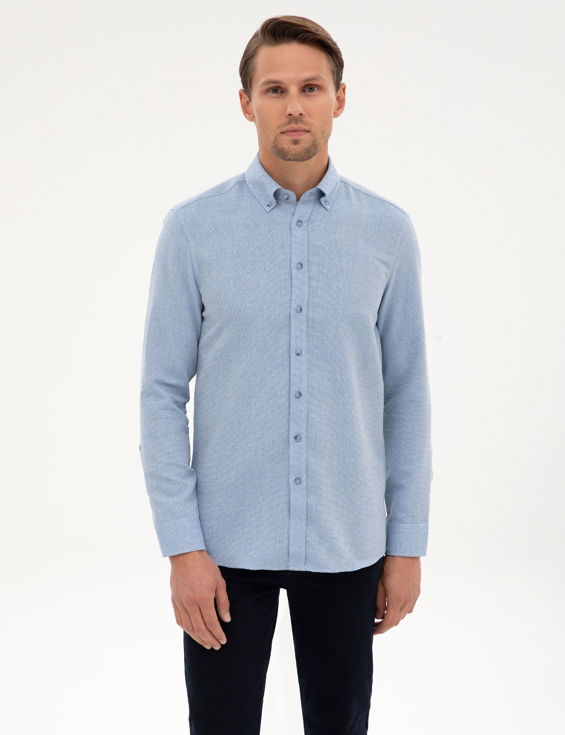 Mavi Slim Fit Dokulu Uzun Kollu G��mlek