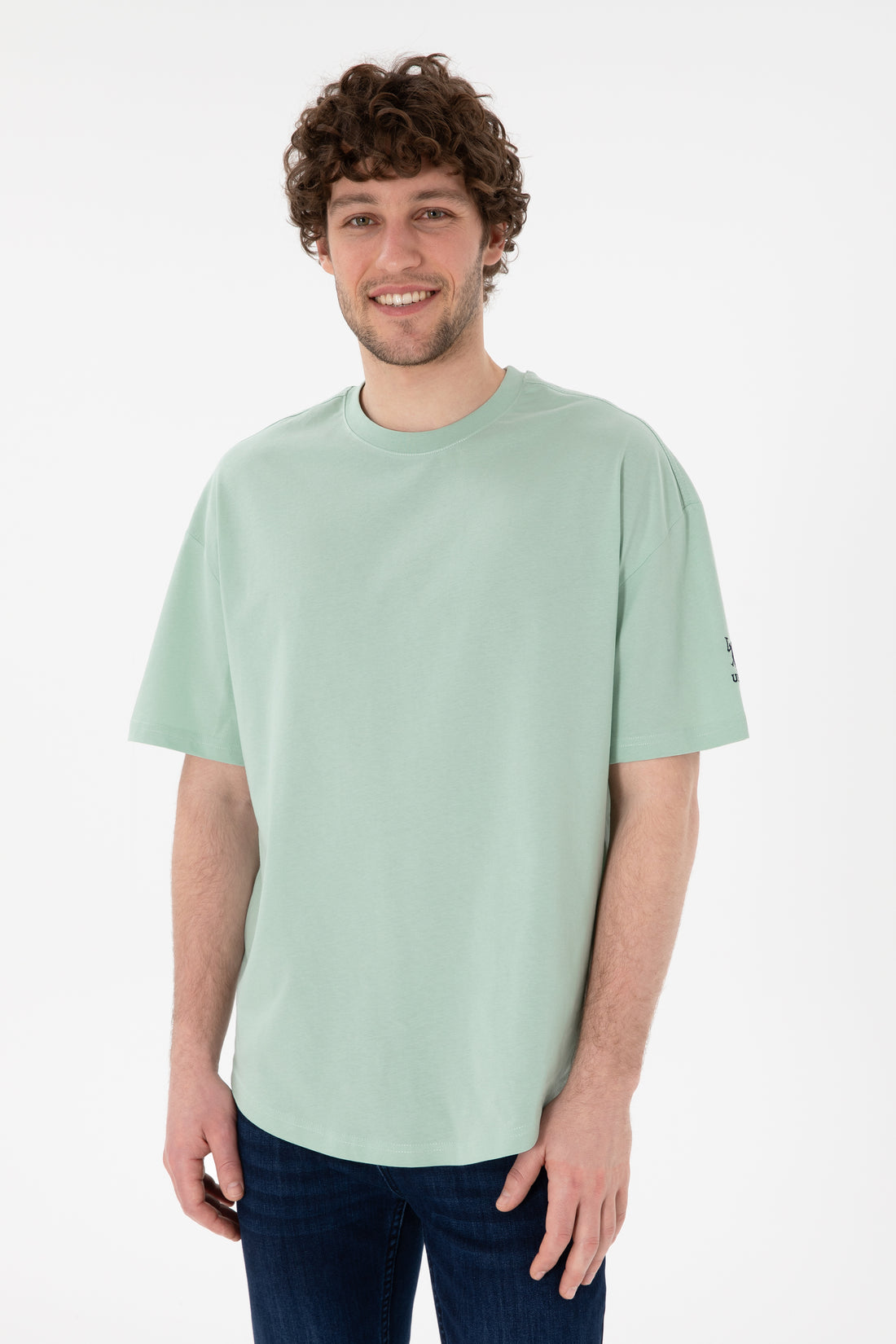 Men's Long Fit Crew Neck Water Green Basic T-Shirt