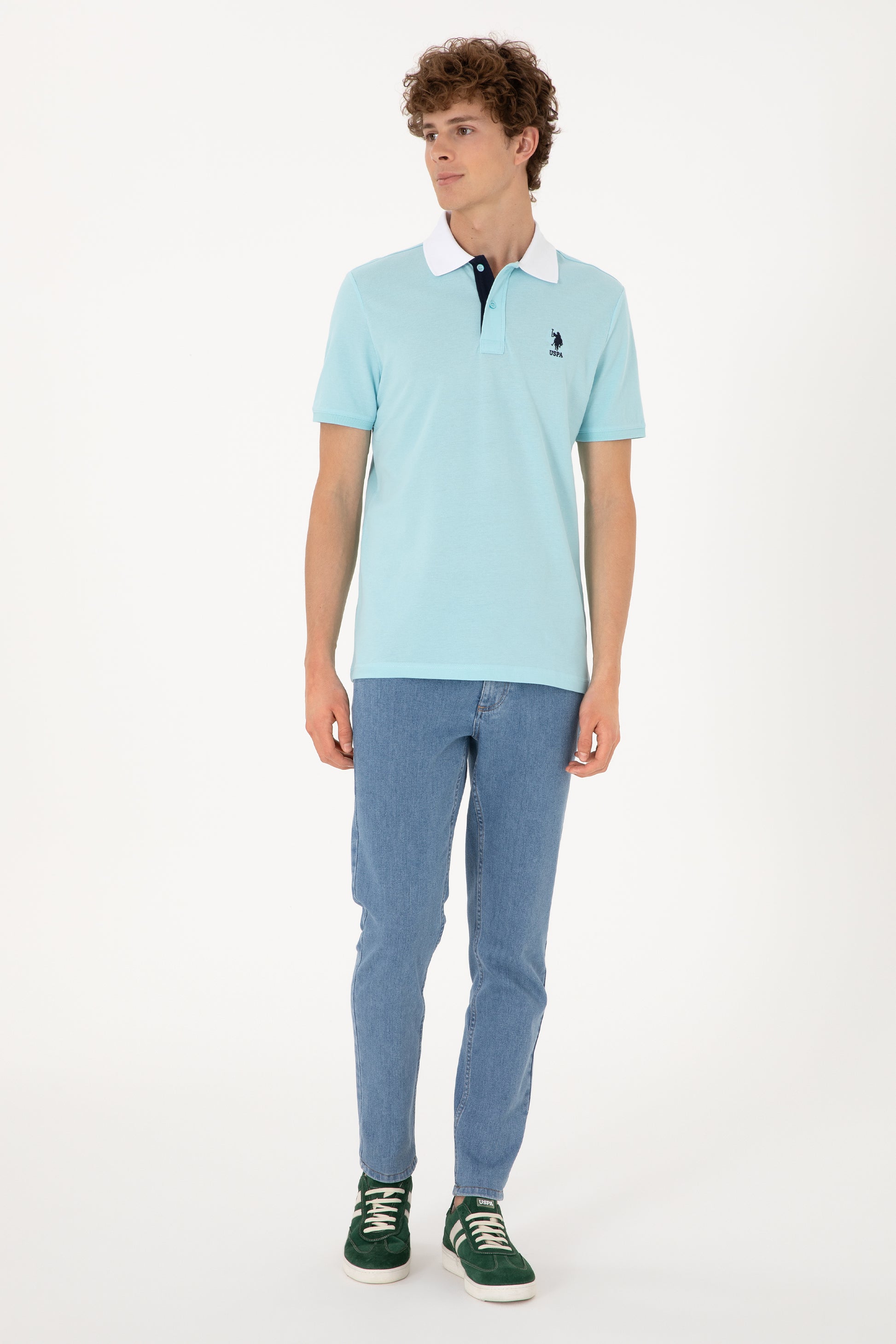 Men's Regular Fit Polo Neck Aqua T-Shirt
