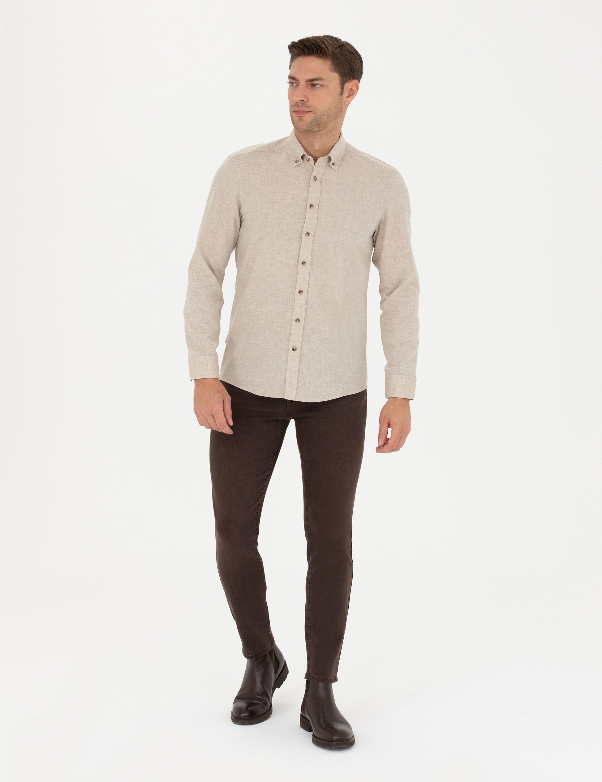 Beige Slim Fit Long Sleeve Shirt