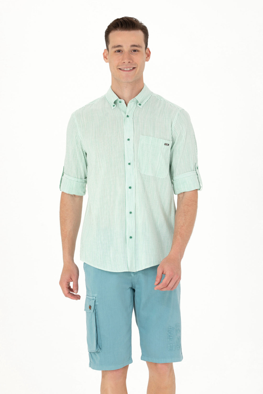 Men's Green Striped White Shirt