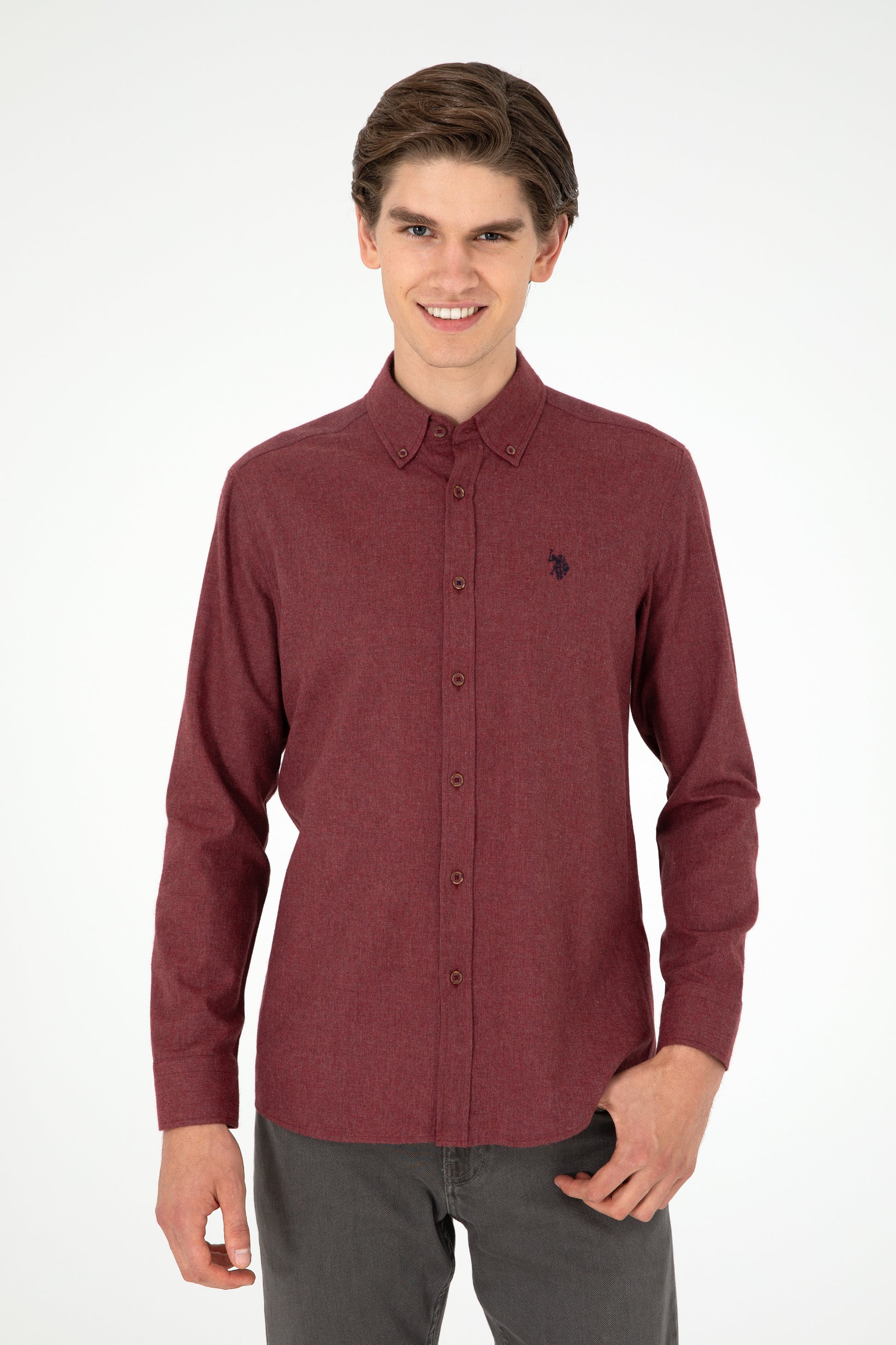 Men's Burgundy Long Sleeve Basic Shirt