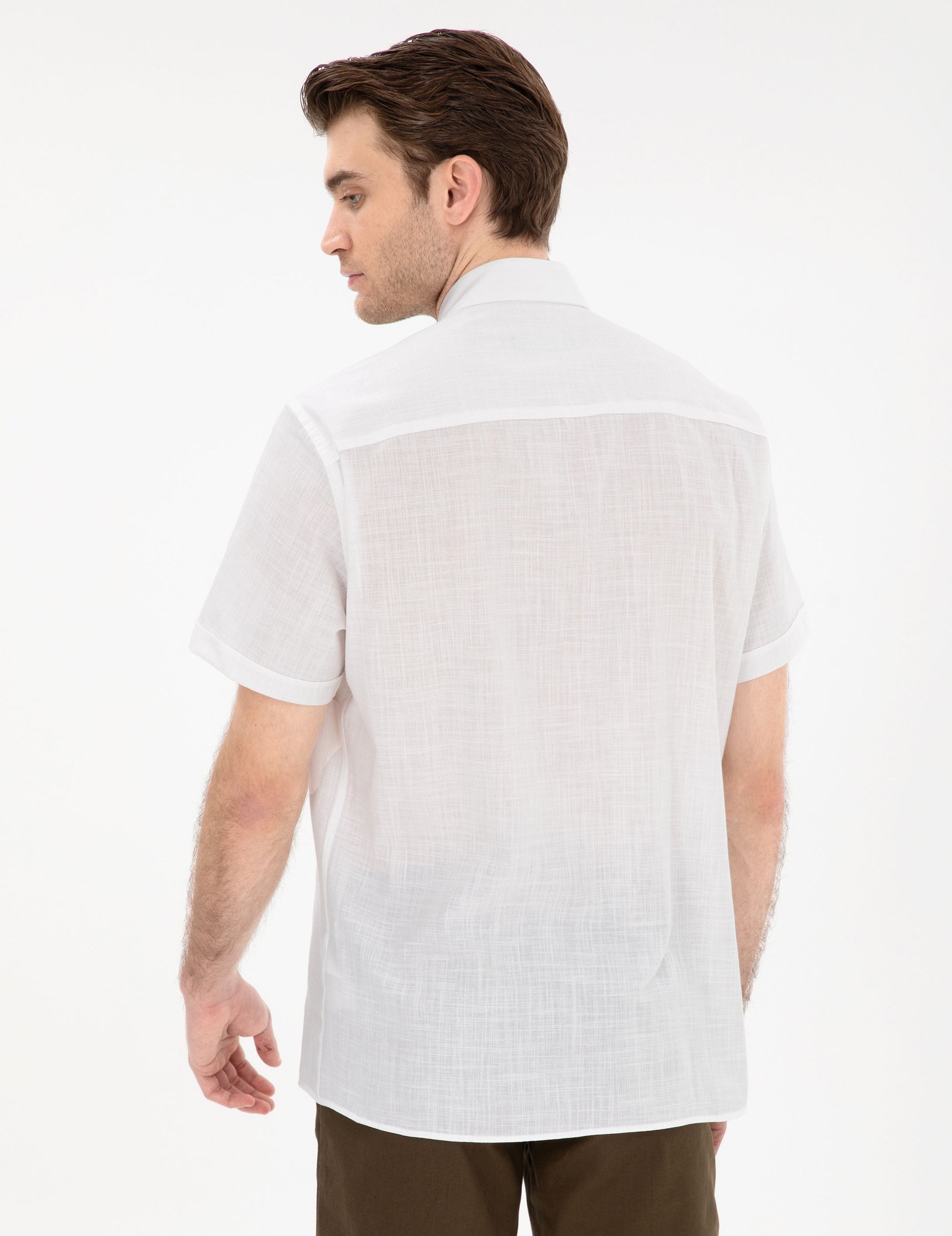 White Linen Look Regular Fit Short Sleeve Shirt