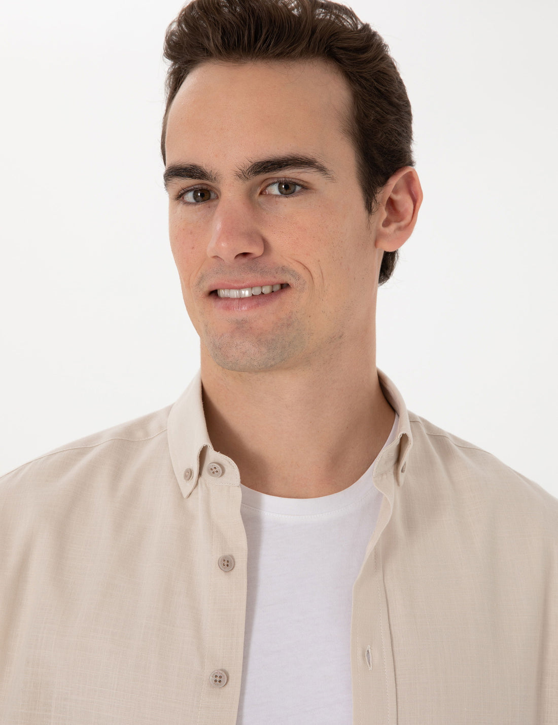 Beige Linen Look Slim Fit Long Sleeve Shirt