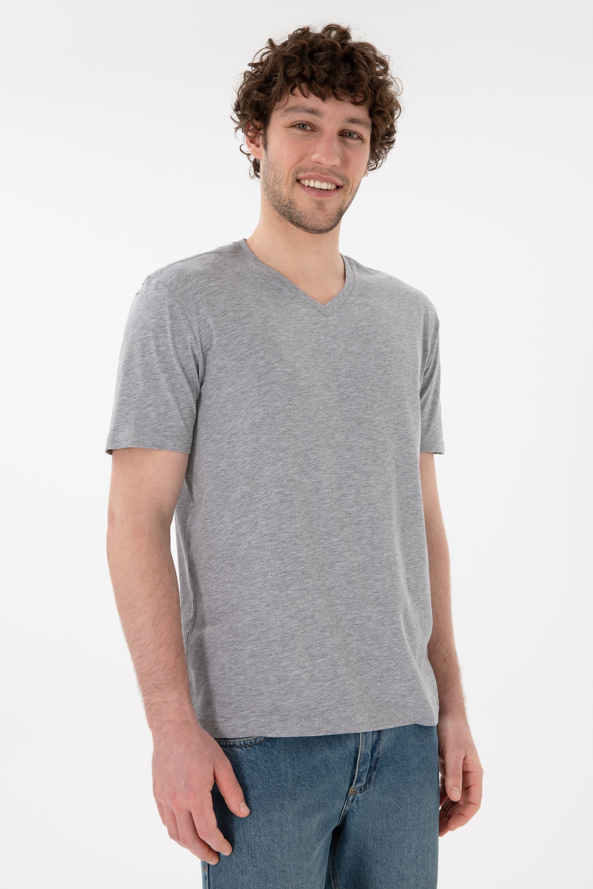 Men's Regular Fit V-Neck Grey Melange Basic T-Shirt