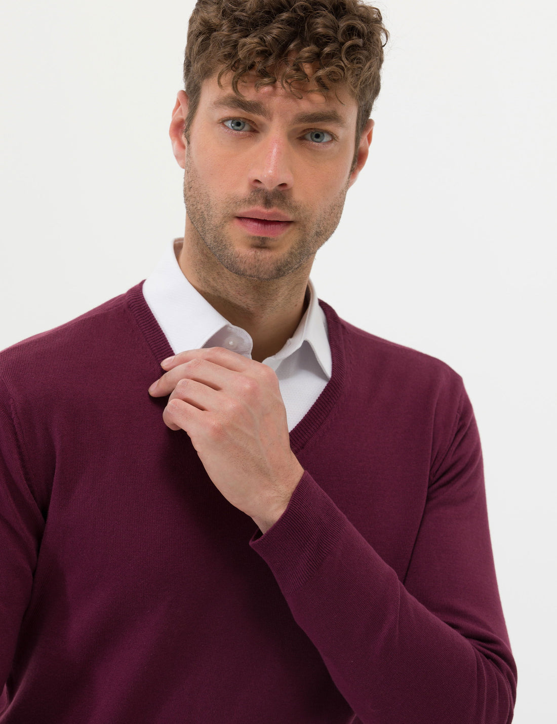 Burgundy Slim Fit V Neck Basic Knitwear Sweater