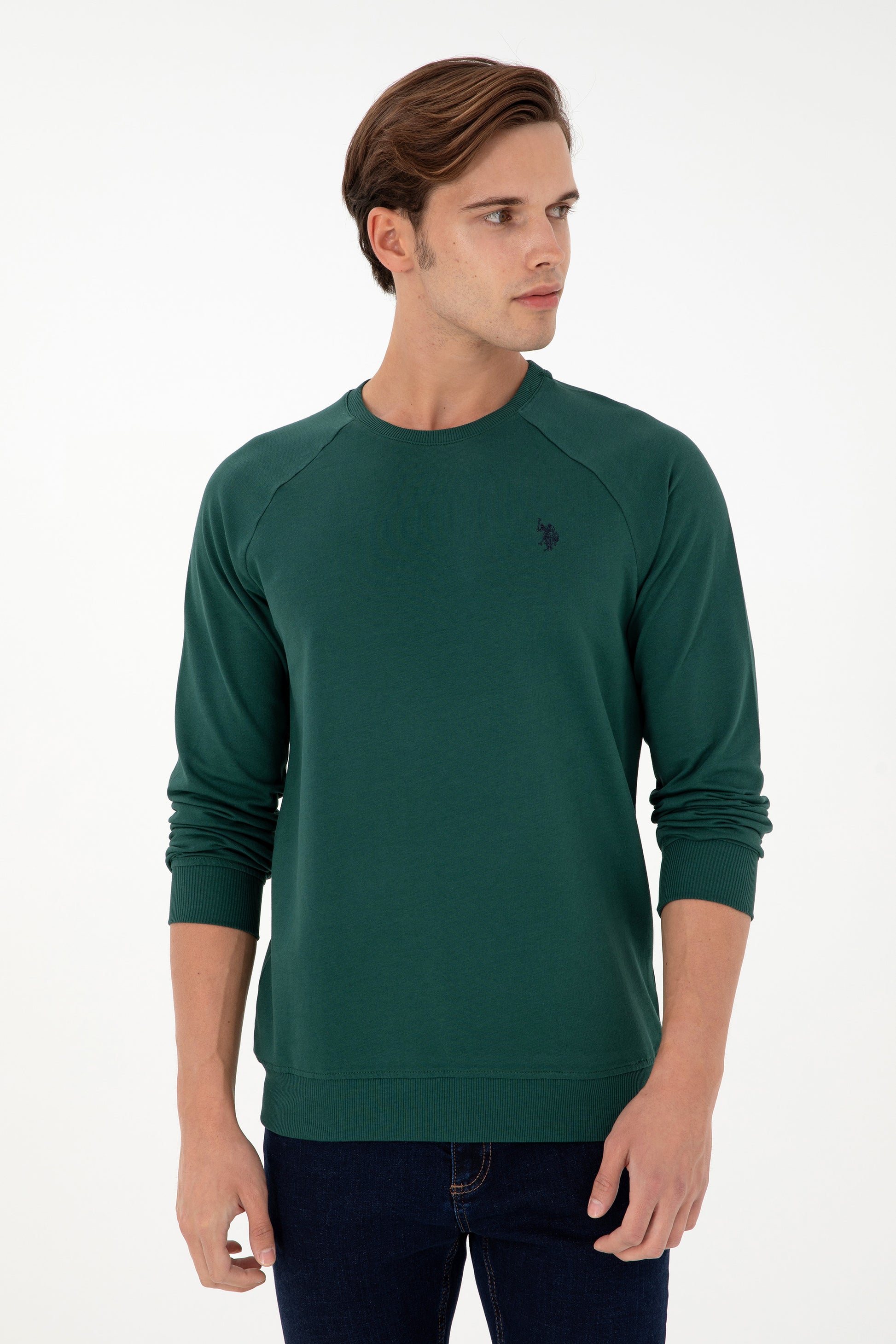 Men's Regular Fit Crew Neck Dark Green Basic Sweatshirt