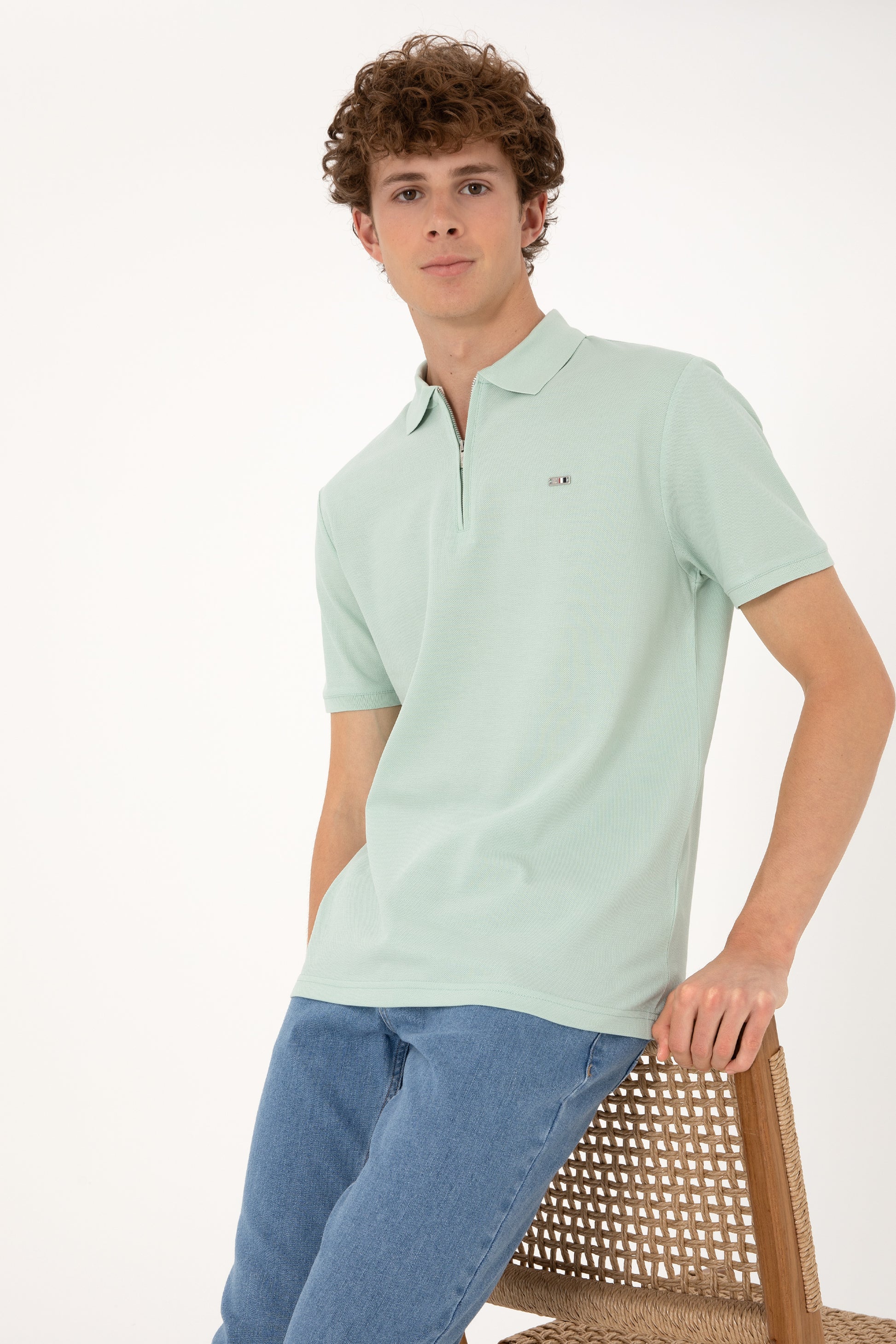 Men's Regular Fit Zipper Water Green T-Shirt