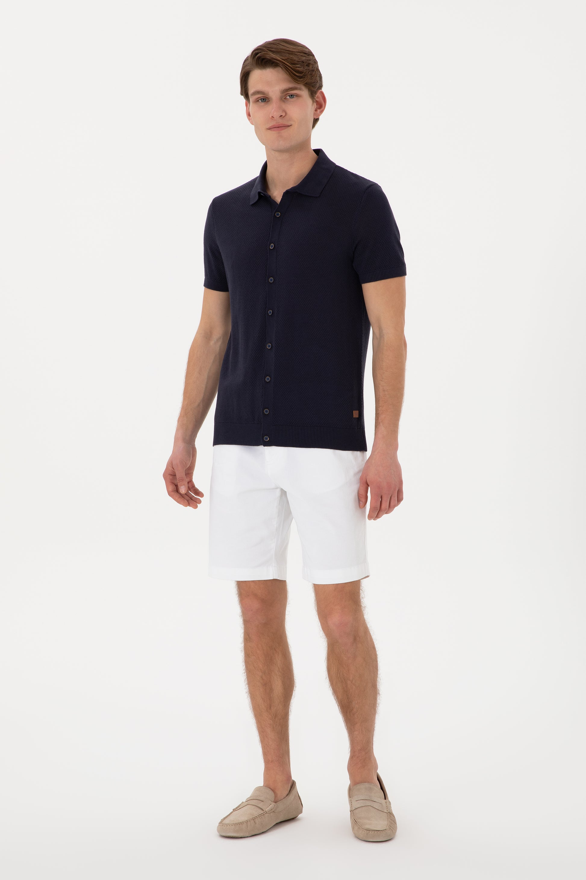 Men's Regular Fit Navy Blue Buttoned Knitwear T-Shirt
