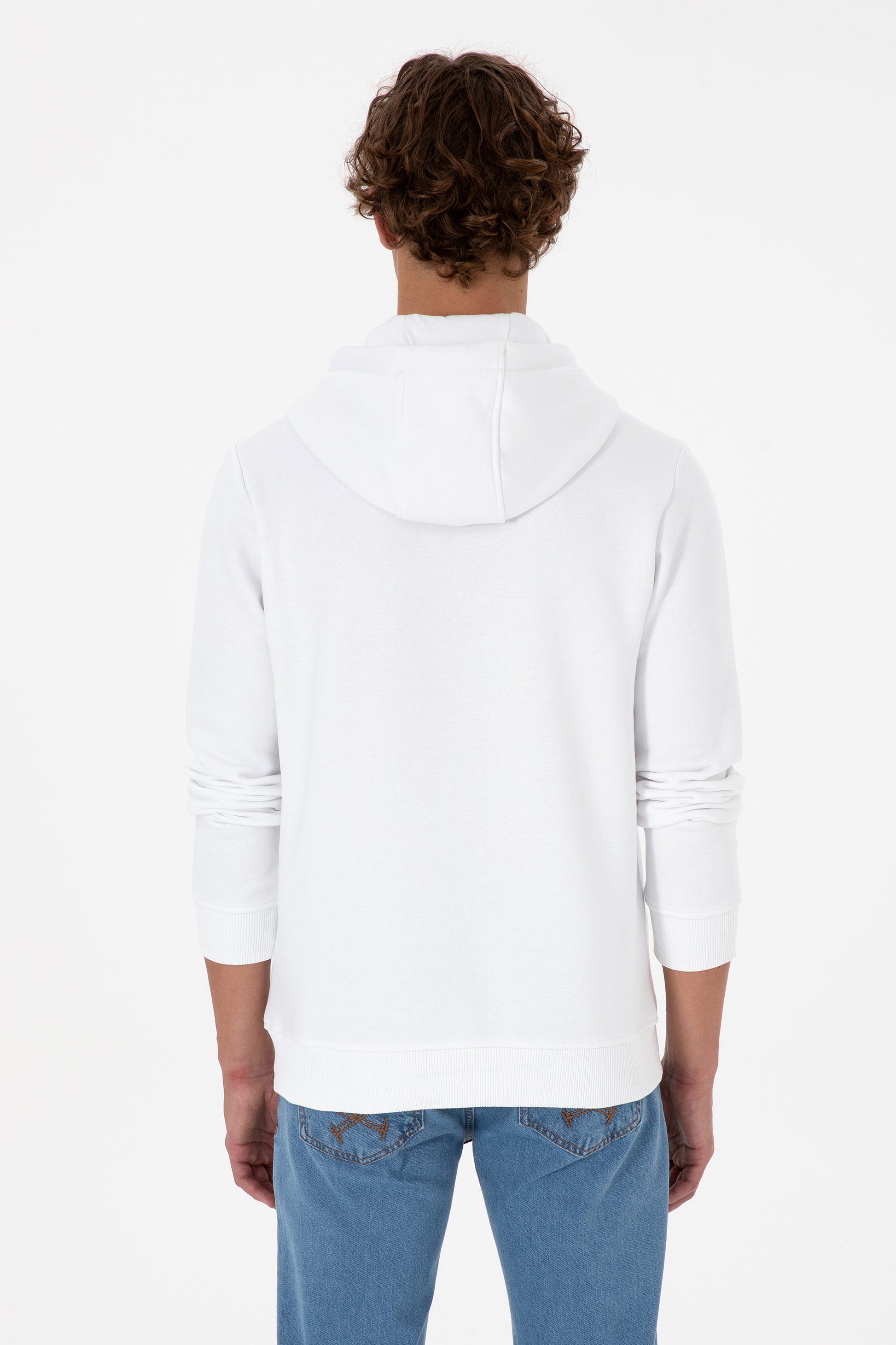 Erkek Regular Fit Kapüşonlu Beyaz Basic Sweatshirt