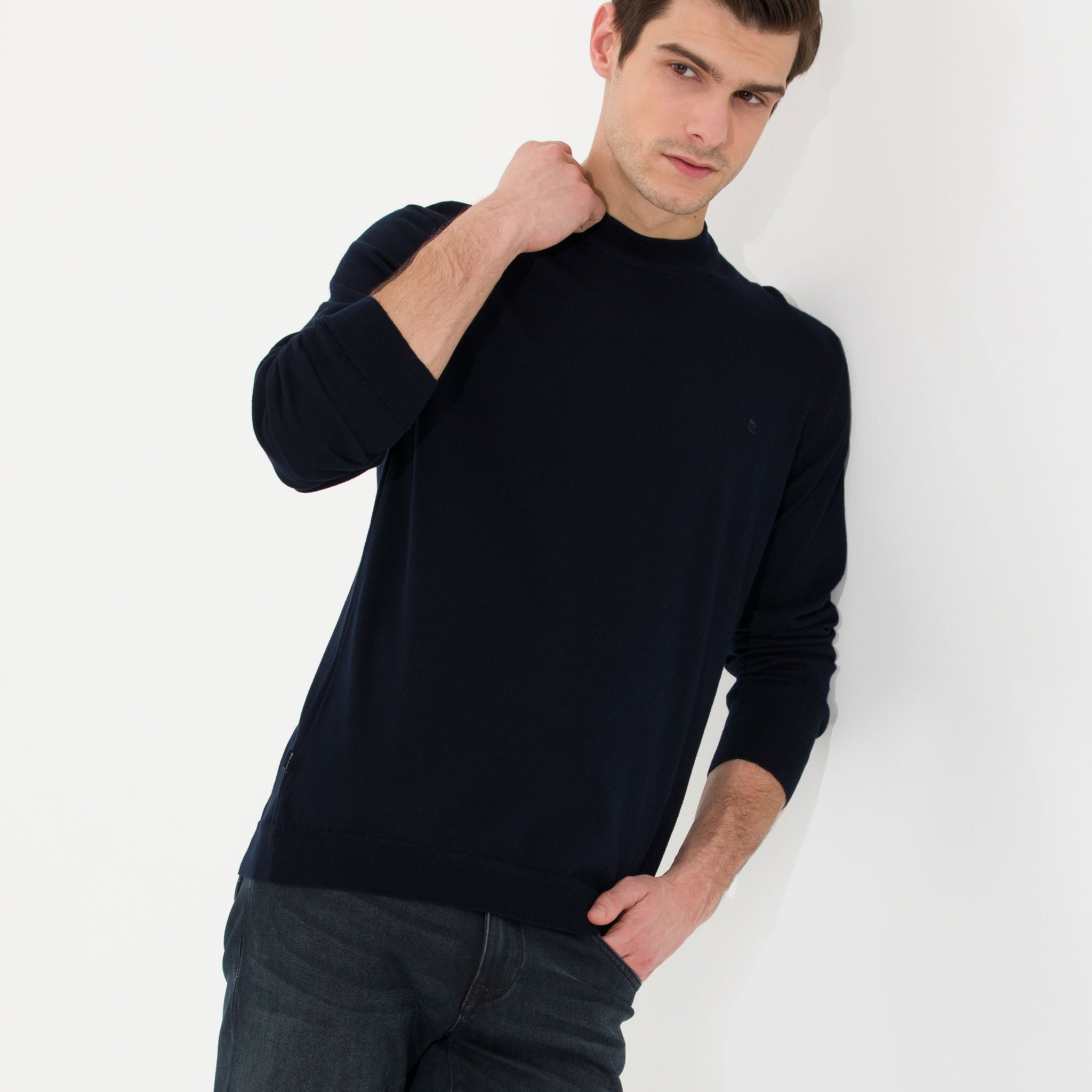 Navy Blue Slim Fit Quarter Neck Basic Knitwear Sweater