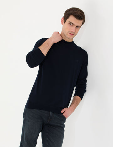 Navy Blue Slim Fit Quarter Neck Basic Knitwear Sweater