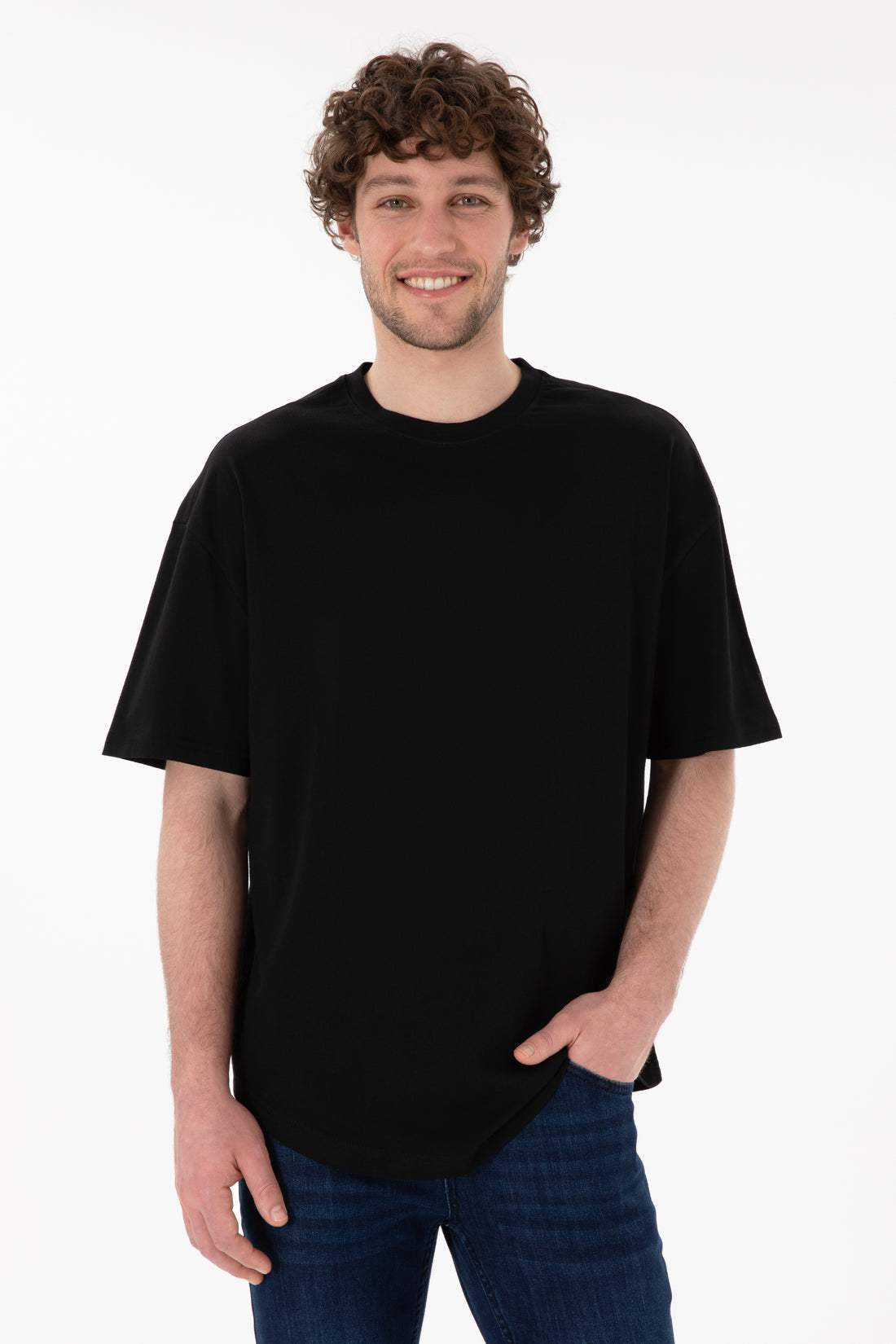 Men's Long Fit Crew Neck Black Basic T-Shirt