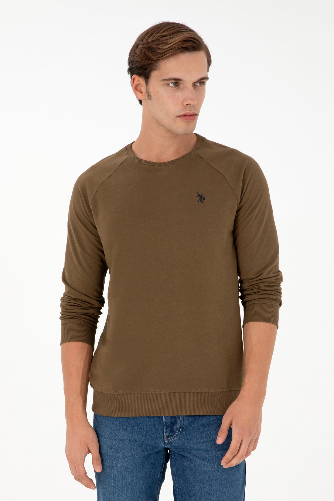 Men's Regular Fit Crew Neck Khaki Basic Sweatshirt