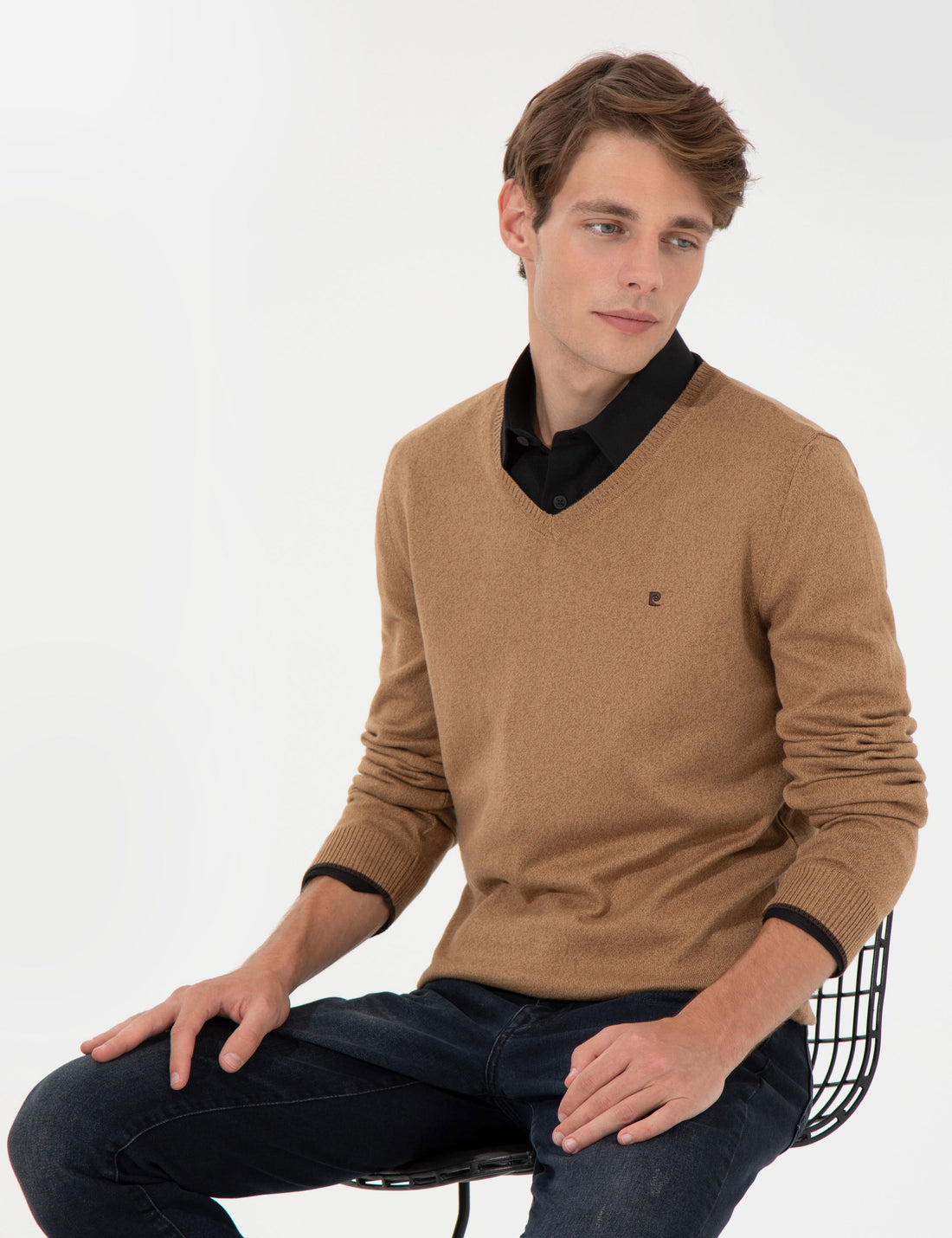 Camel Melange Slim Fit V Neck Basic Knitwear Sweater