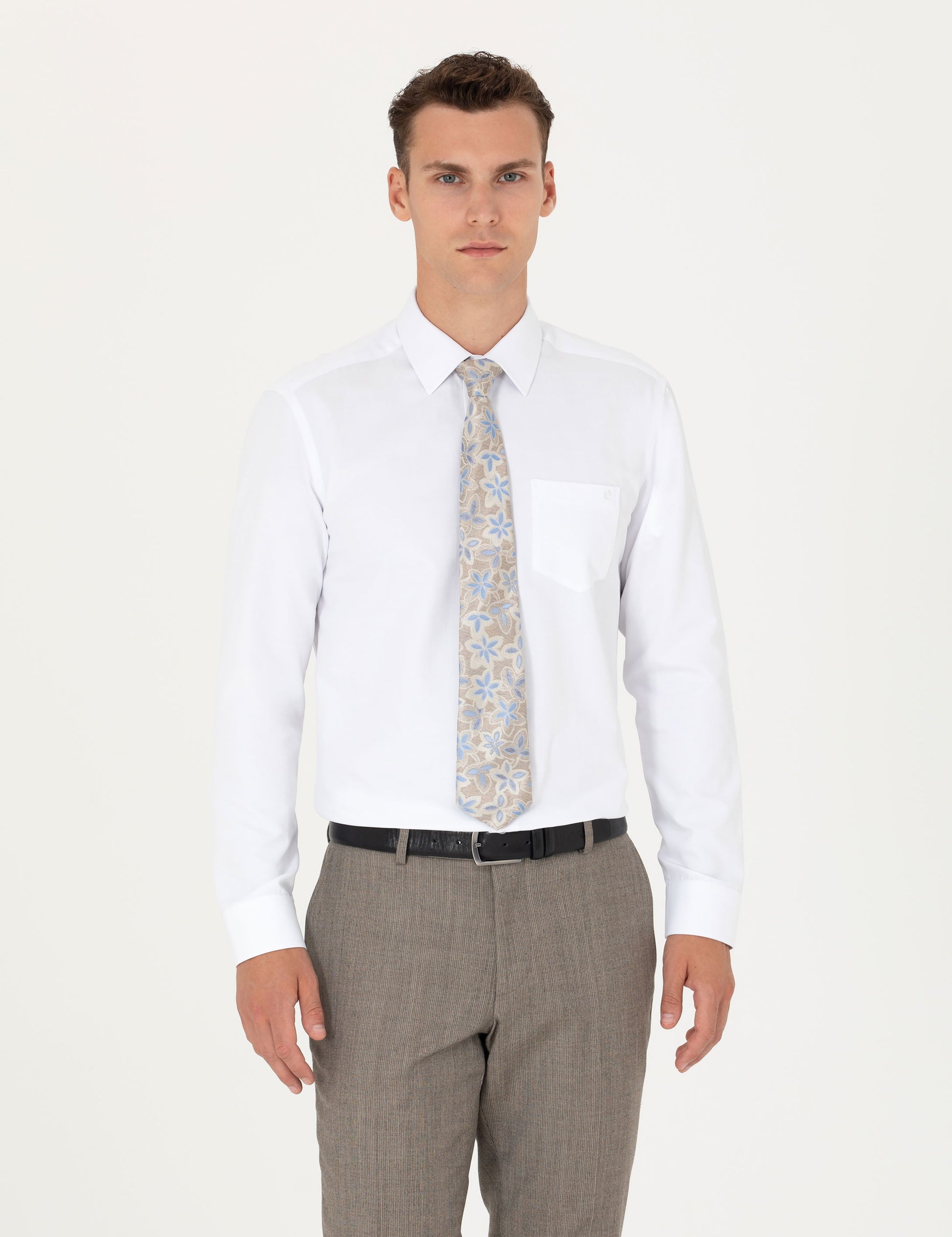 White Regular Fit Long Sleeve Basic Shirt