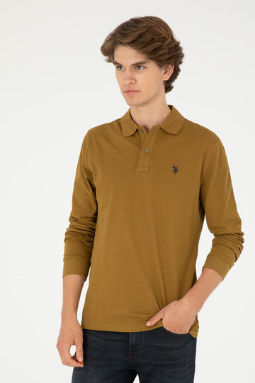 Men's Regular Fit Polo Neck Open Khaki Basic Sweatshirt