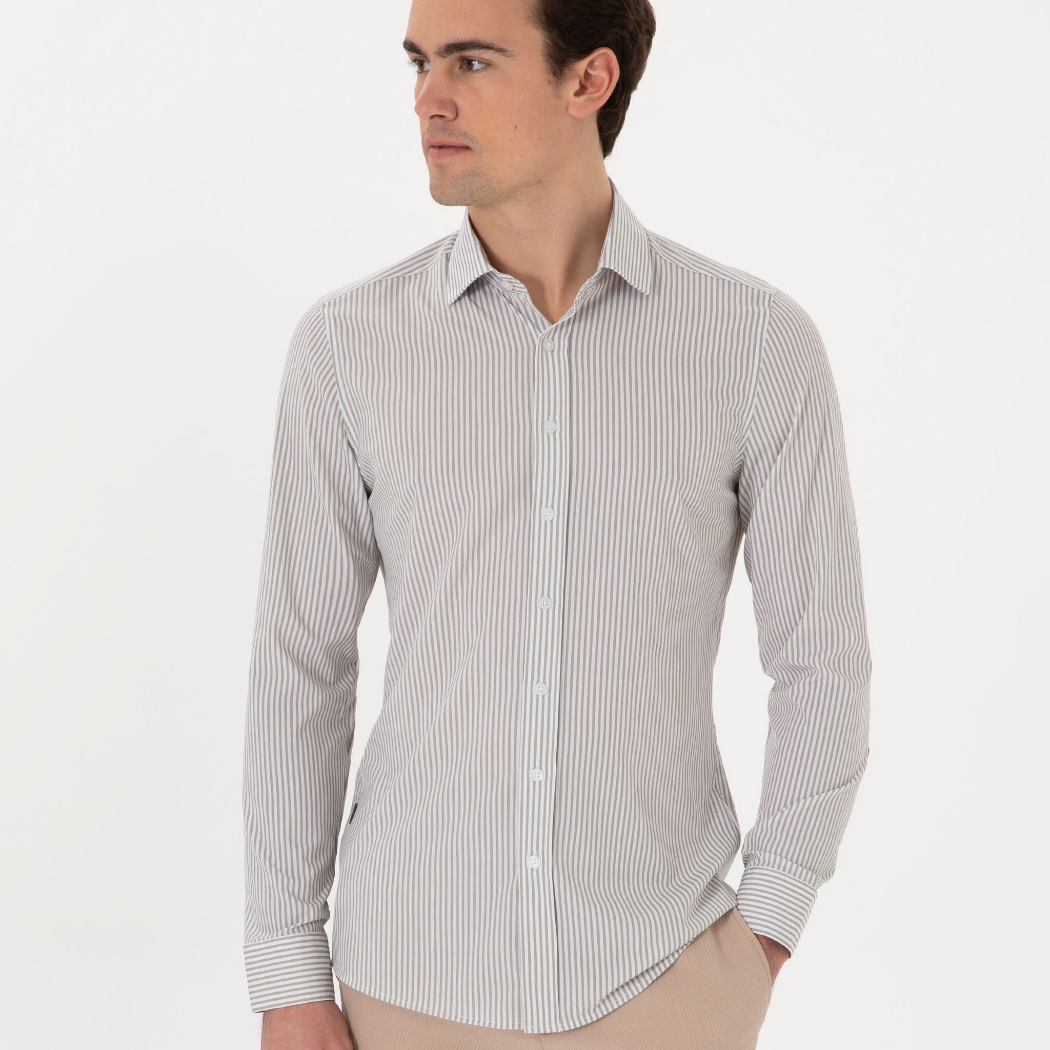 Khaki Striped Ex. Slim Fit Long Sleeve Shirt