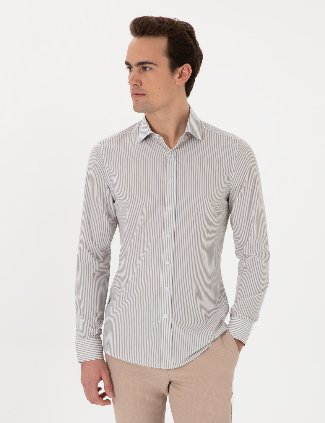 Khaki Striped Ex. Slim Fit Long Sleeve Shirt