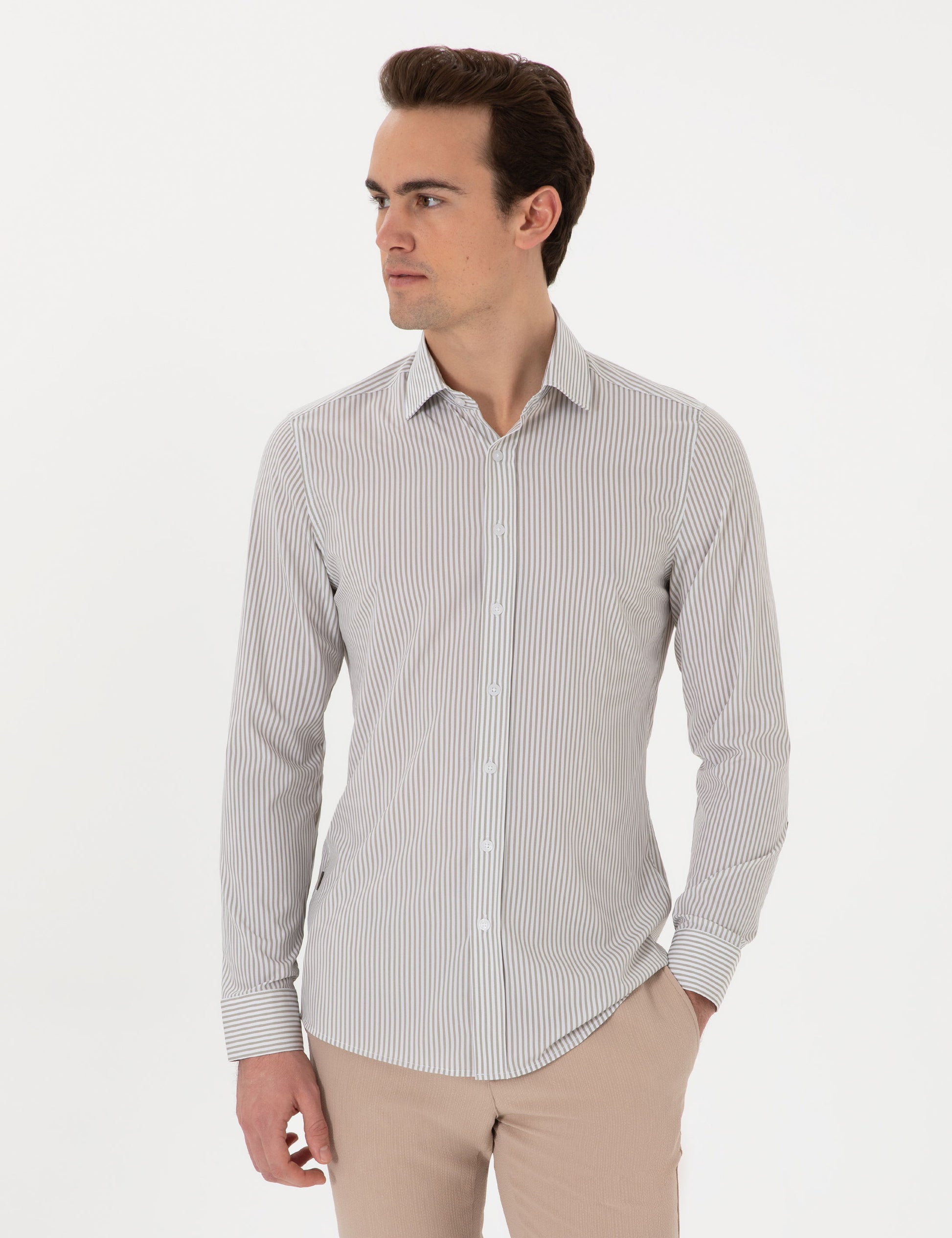 Khaki Striped Ex. Slim Fit Long Sleeve Shirt