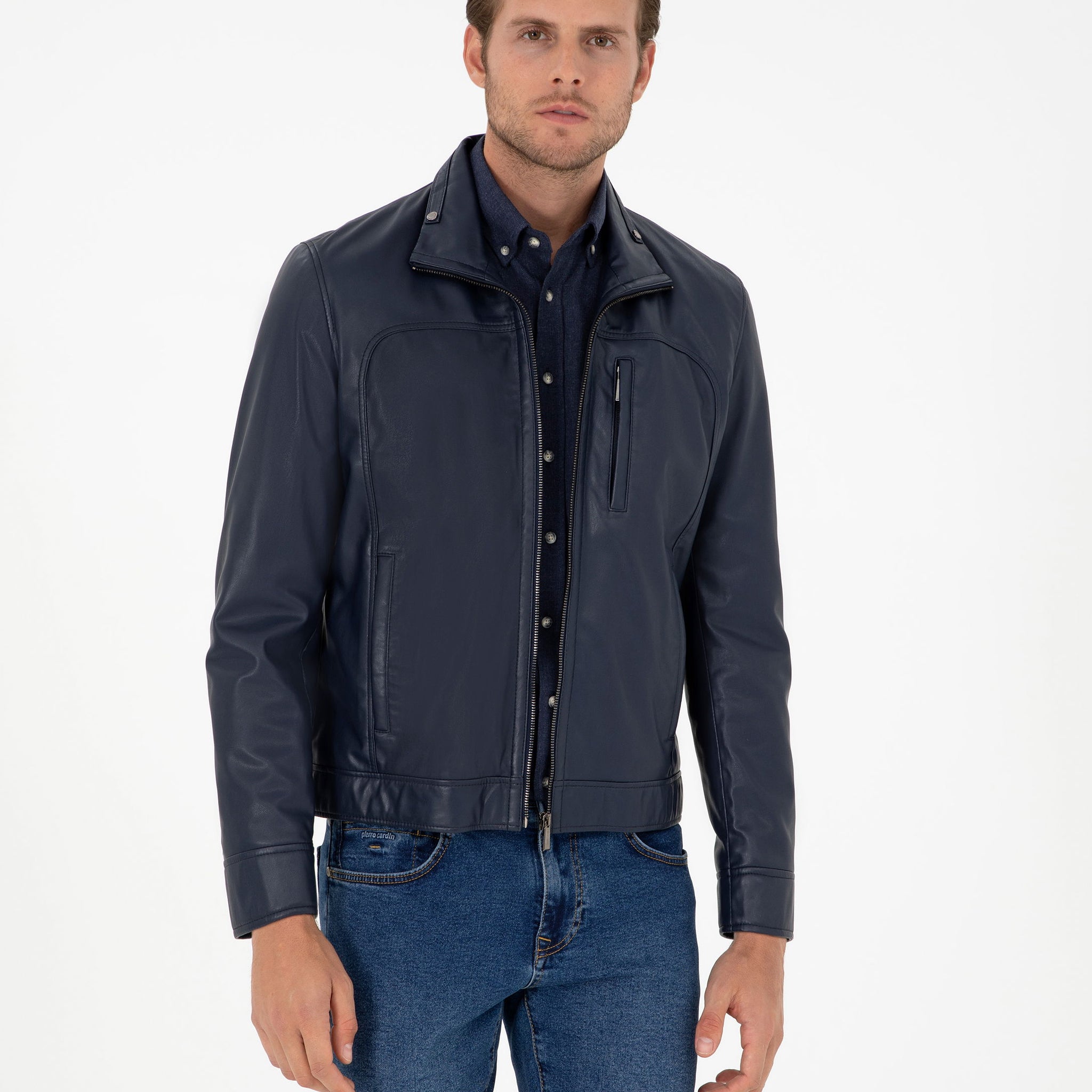Navy Blue Leather Jacket