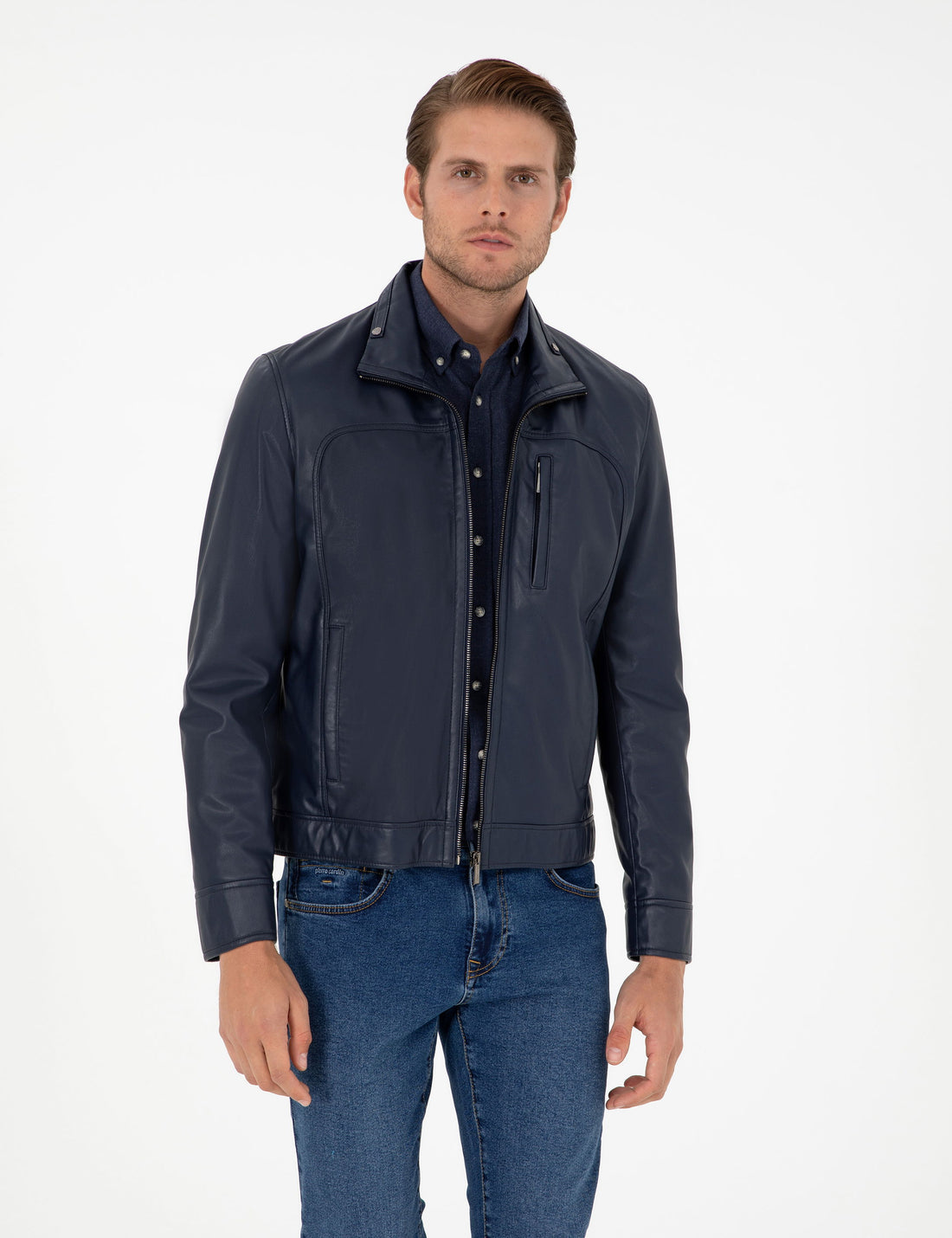 Navy Blue Leather Jacket