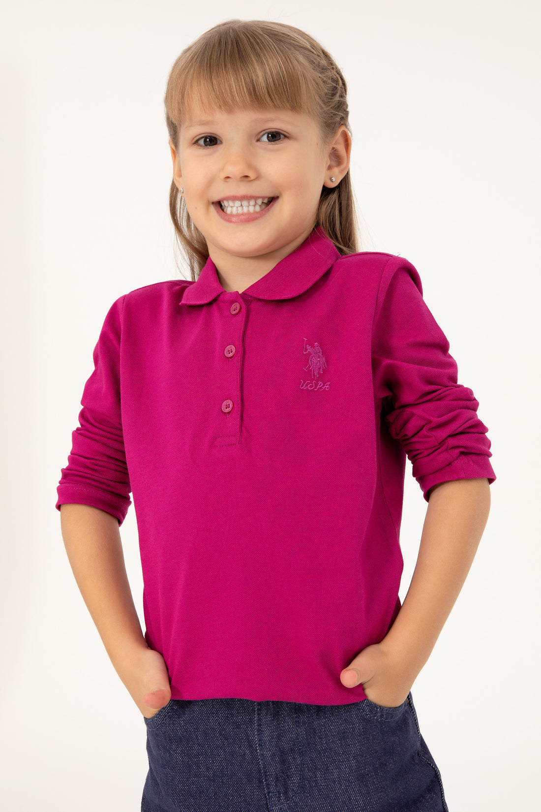 Girls' Fuchsia Polo Collar Basic Sweatshirt