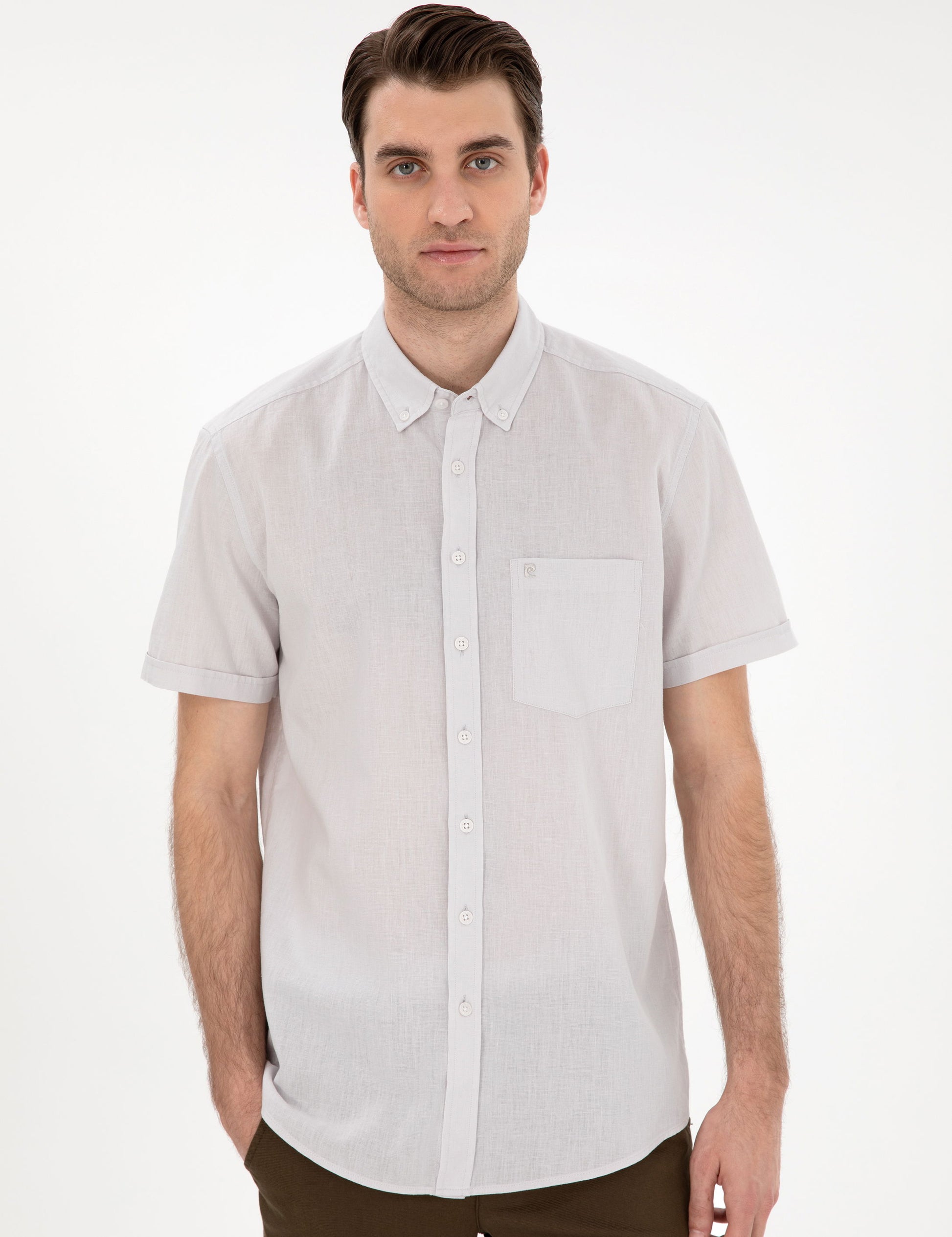 Regular Fit Short Sleeve Shirt with Stone Linen Blend