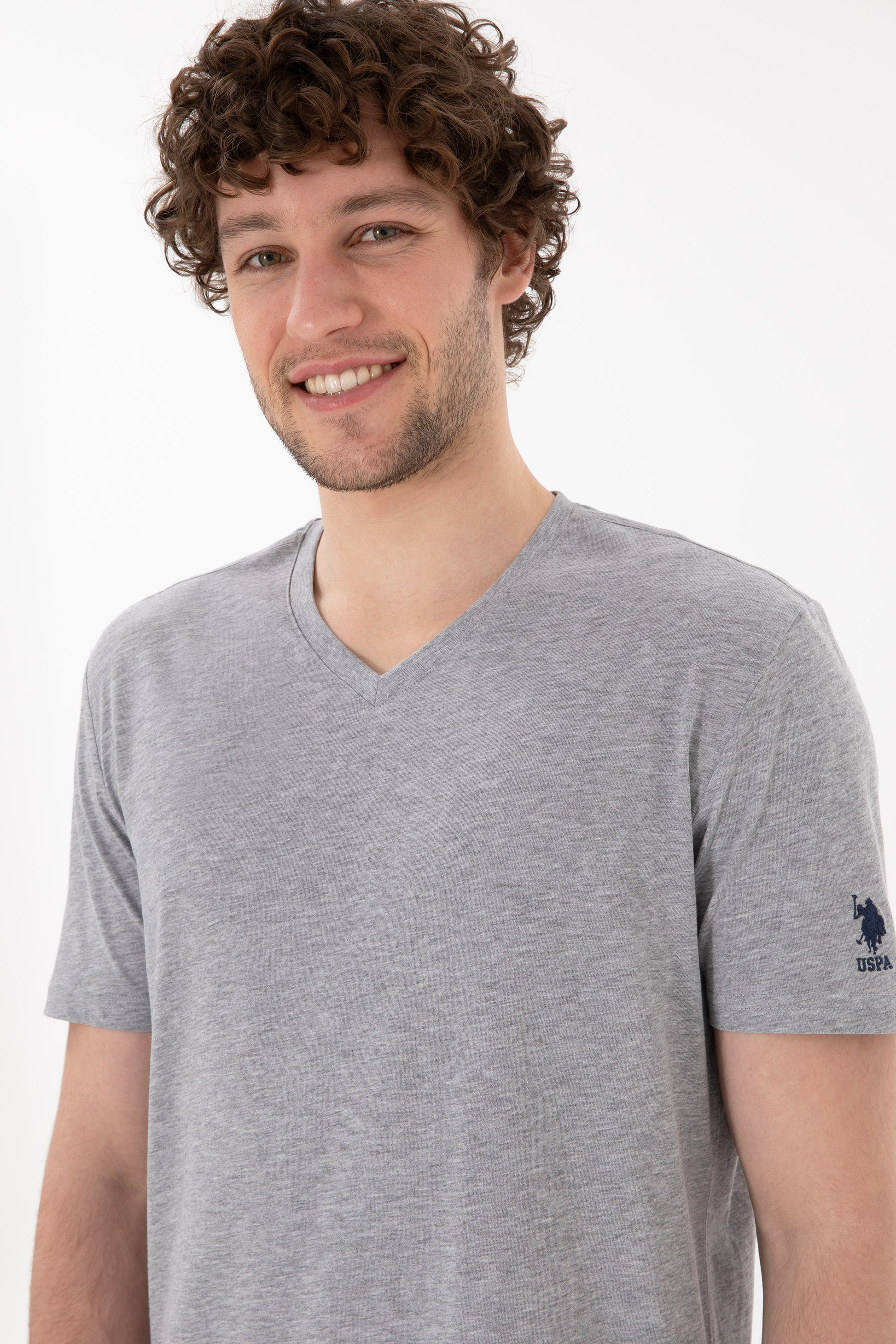 Men's Regular Fit V-Neck Grey Melange Basic T-Shirt
