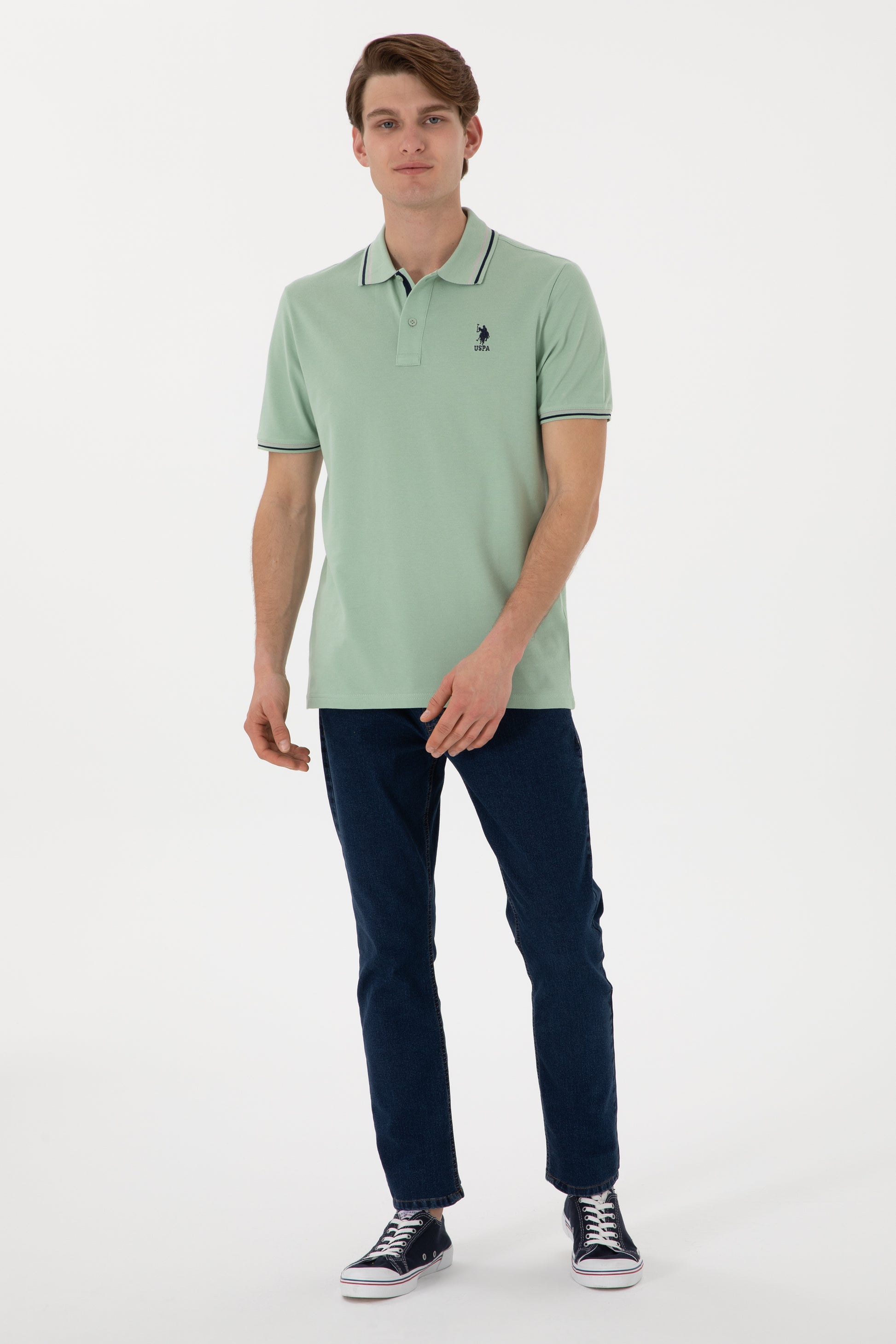 Men's Regular Fit Polo Neck Water Green Basic T-Shirt
