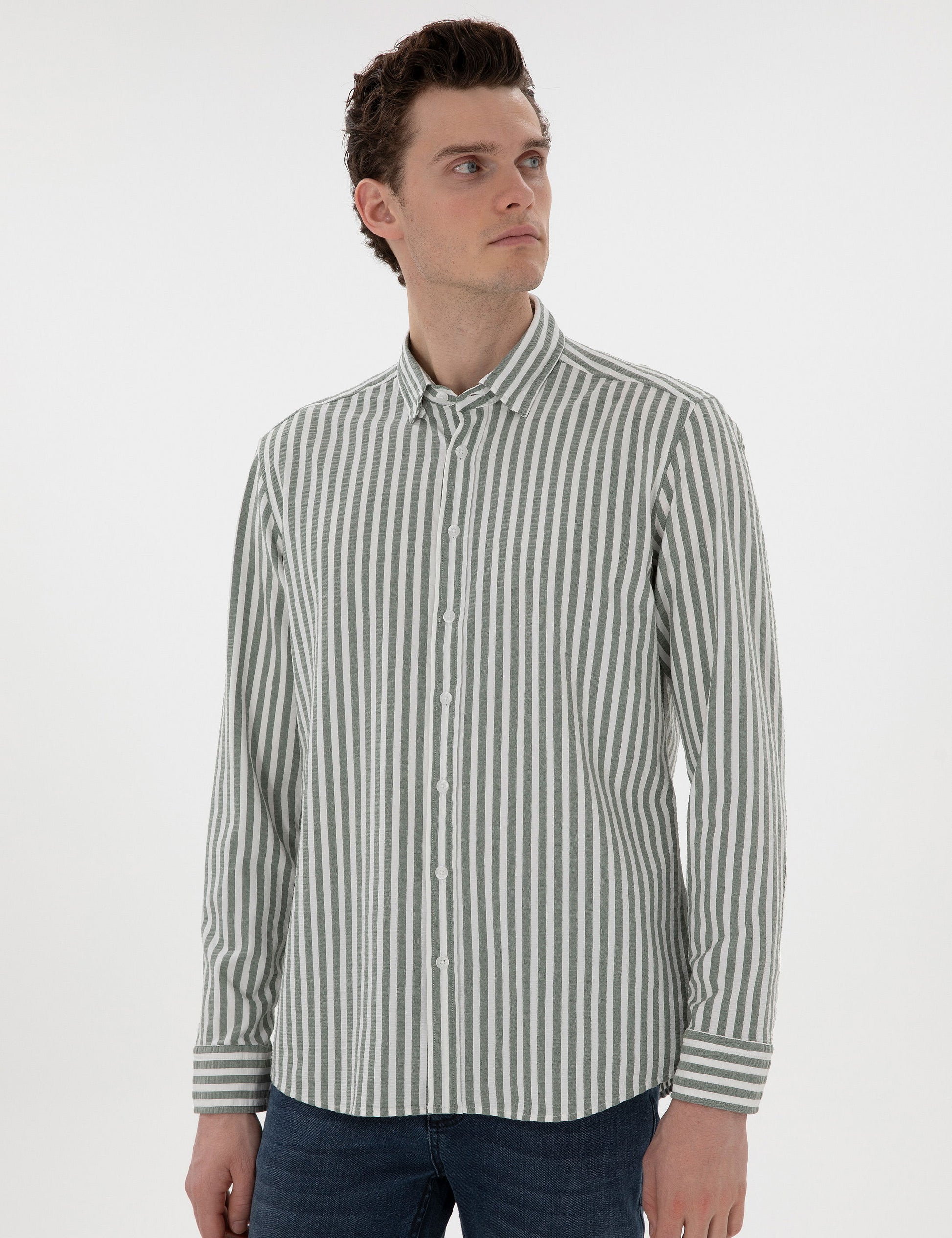 Khaki Regular Fit Striped Long Sleeve Shirt