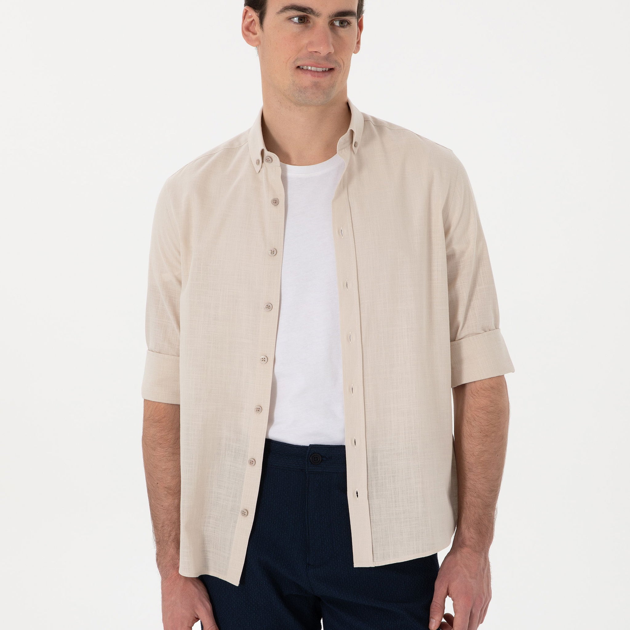 Beige Linen Look Slim Fit Long Sleeve Shirt
