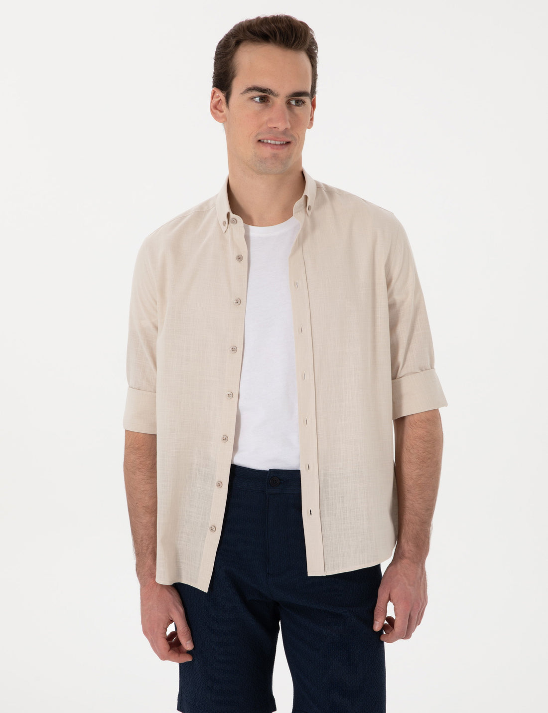 Beige Linen Look Slim Fit Long Sleeve Shirt