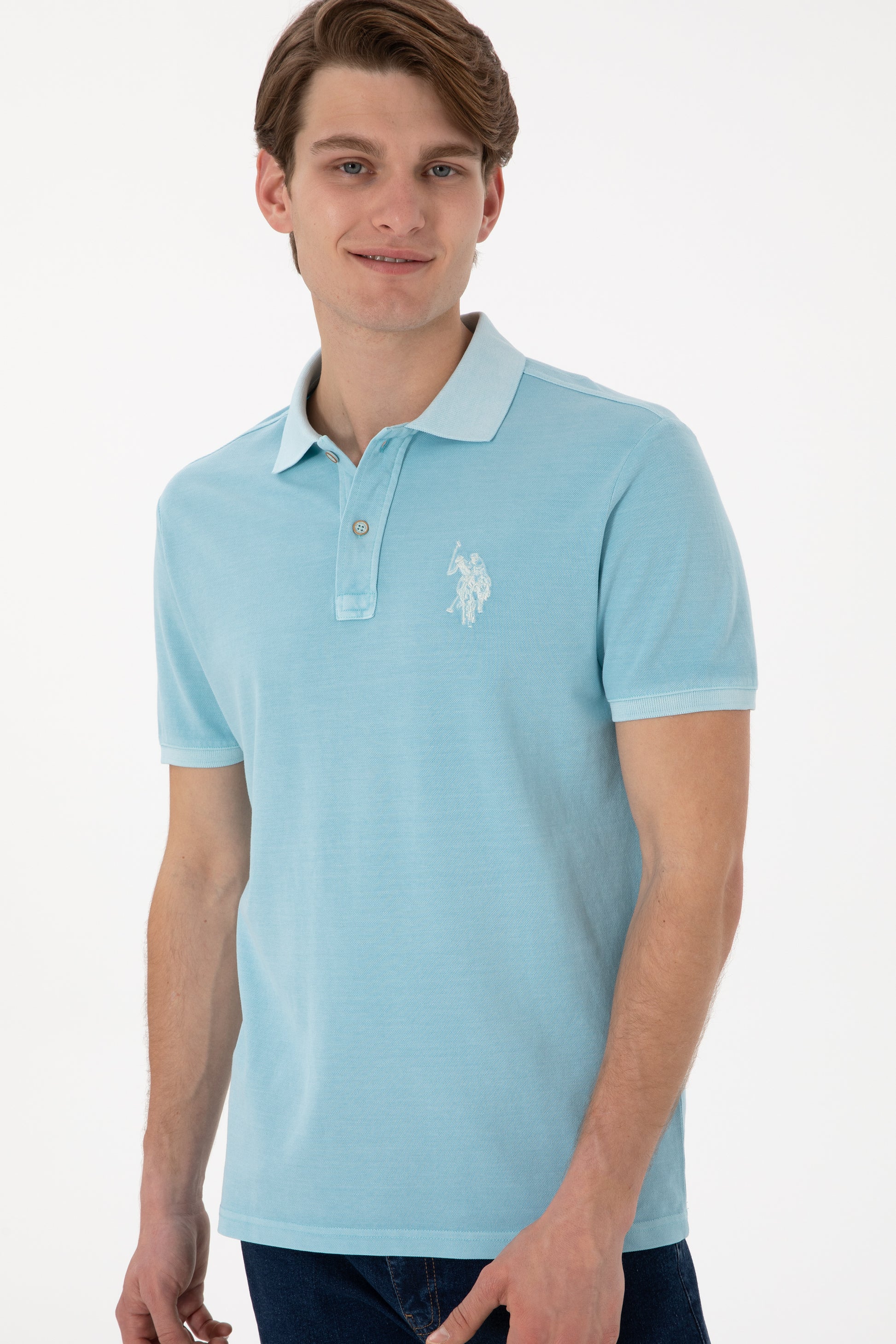 Men's Slim Fit Polo Neck Light Blue Wash Basic T-Shirt